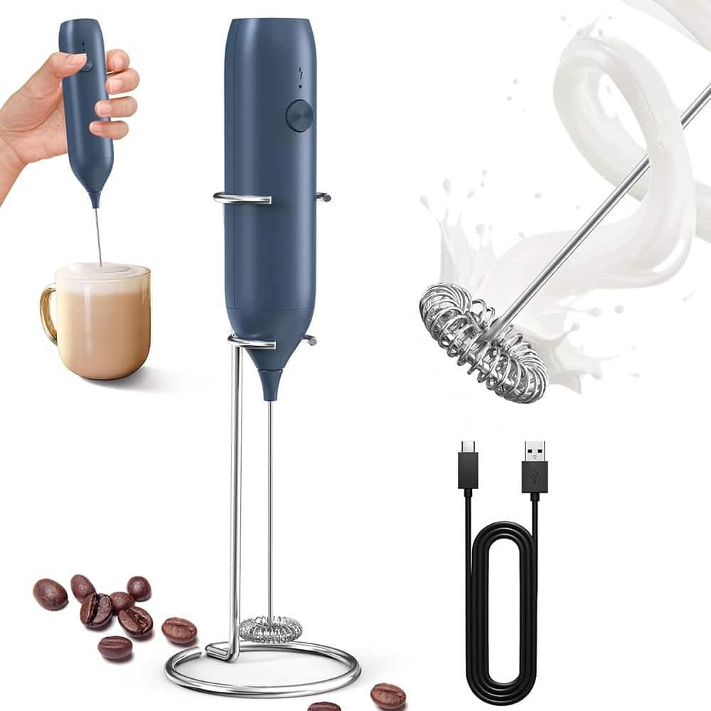 ACJPR - Rechargeable Handheld Milk Frother with Stand and Dual Spring Whisk for Coffee, Lattes, Cappuccino, Matcha, and Hot Choc - Black