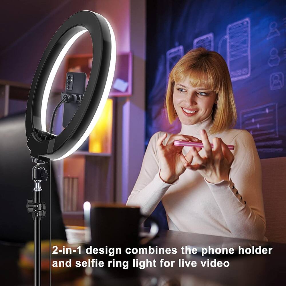 2-in-1 design combines the phone holder and selfie ring light for live video