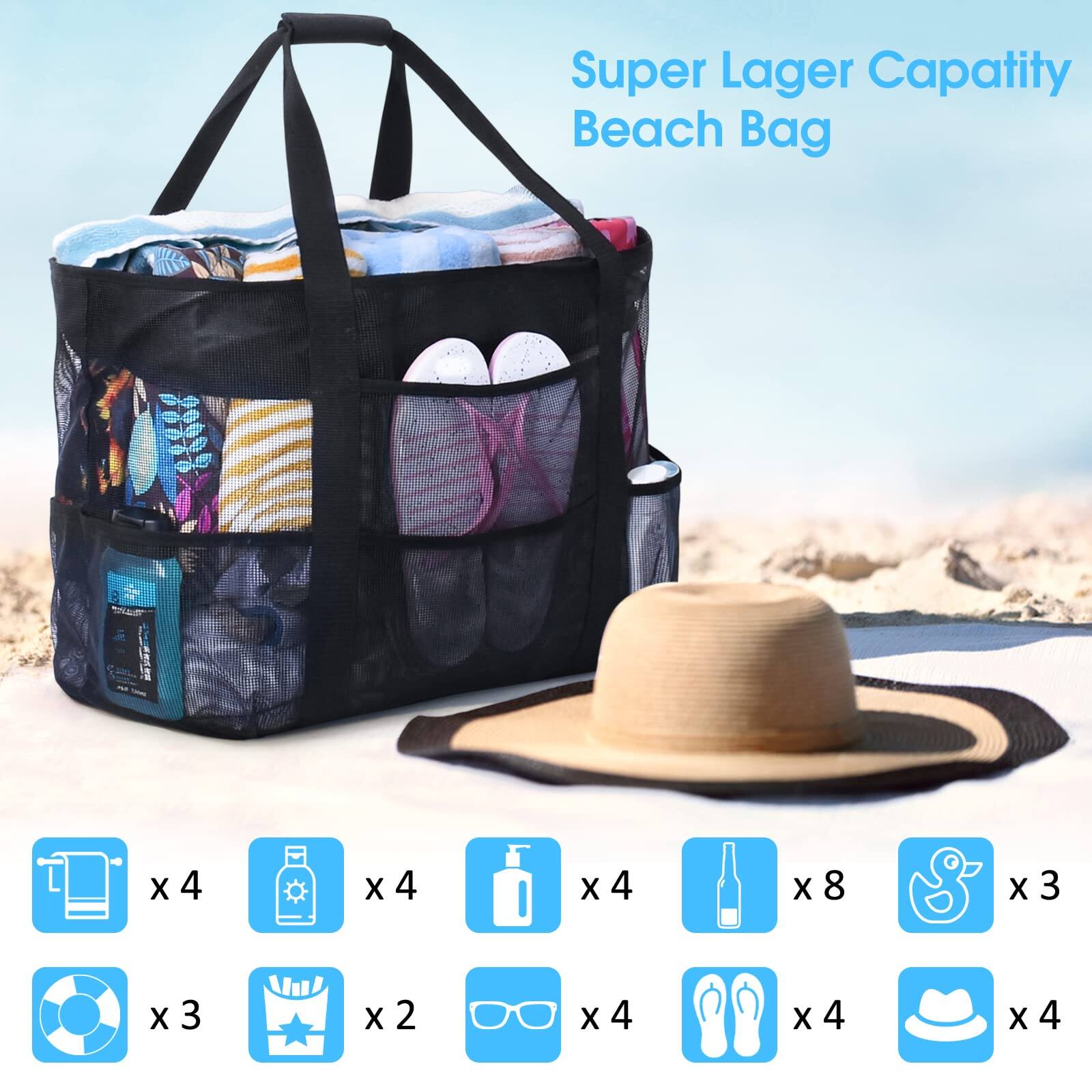 Super Lager Capacity Beach Bag

- Towels x 4
- Sunscreen x 4
- Water Bottles x 4
- Beverages x 8
- Toys x 3
- Beach Ball x 3
- Cooler x 2
- Sunglasses x 4
- Sandals x 4
- Hat x 4