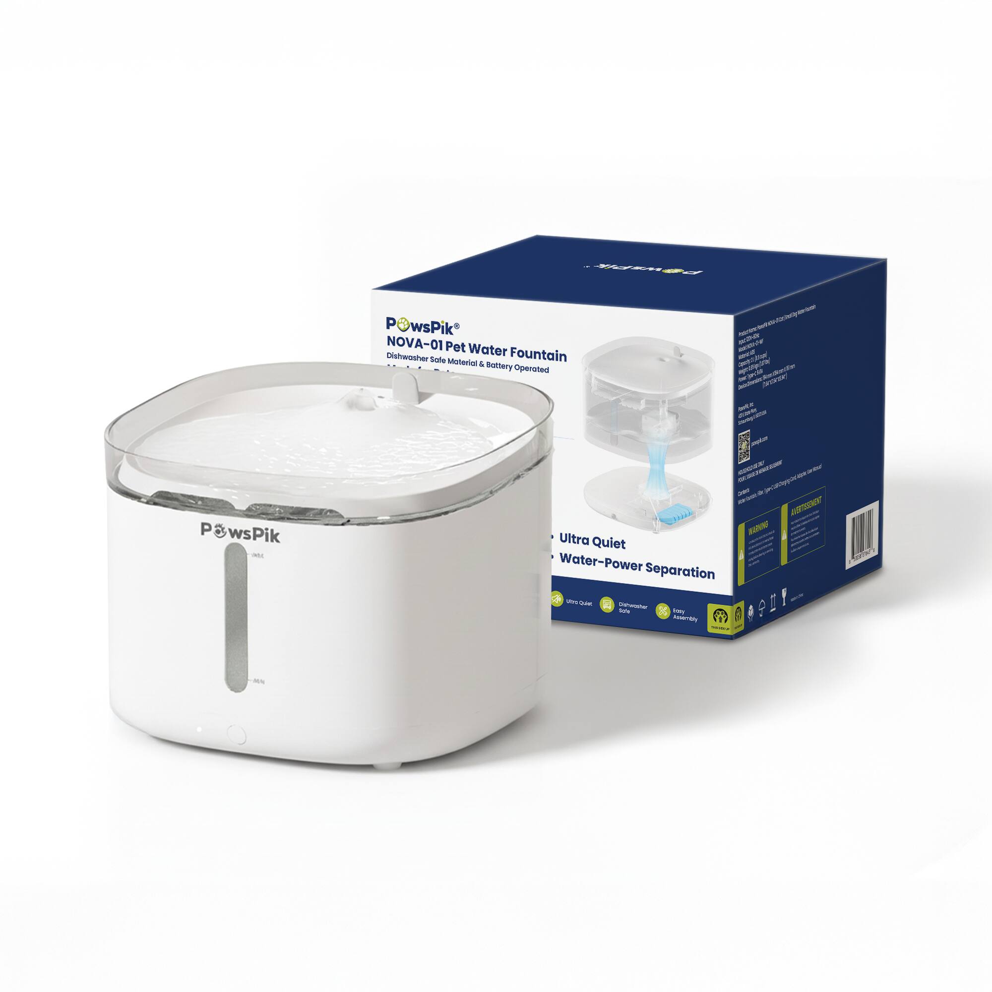 POwsPik NOVA-01 Pet Water Fountain  
Dishwasher Safe Material & Battery Operated  
Ultra Quiet Water-Power Separation  
www.ru
