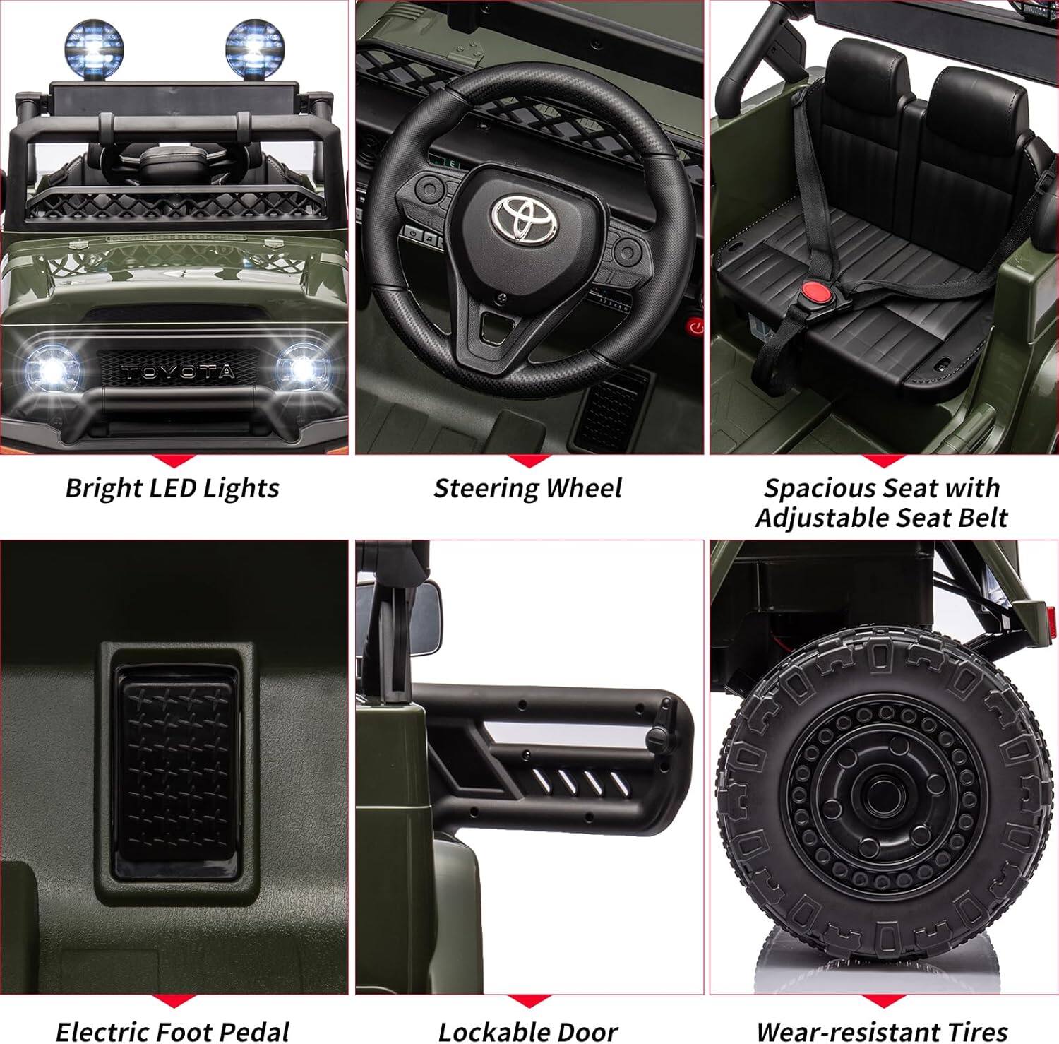 - Bright LED Lights
- Steering Wheel
- Spacious Seat with Adjustable Seat Belt
- Electric Foot Pedal
- Lockable Door
- Wear-resistant Tires