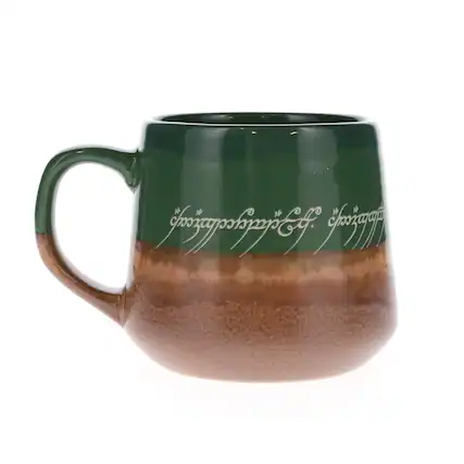 Front. Silver Buffalo - The Lord Of The Rings Elven Text Tapered Ceramic Pottery Mug | Holds 14 Ounces - Brown.