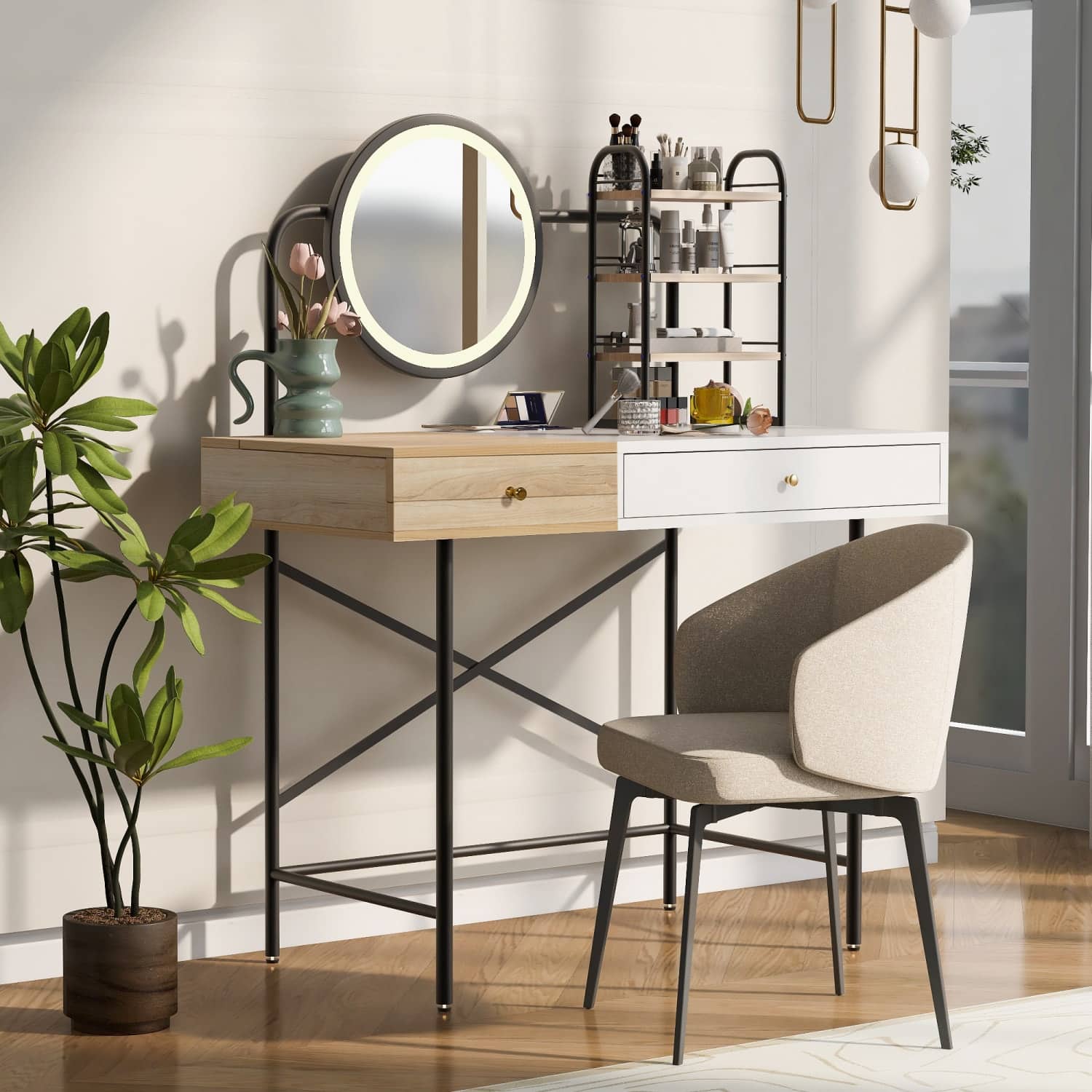 Lirago - Dresser Table Desk with 3-Mode Lighted Mirror Wood Dressing Table with Charging 18.89”D x 40.55“ W x 50.4“ H - White