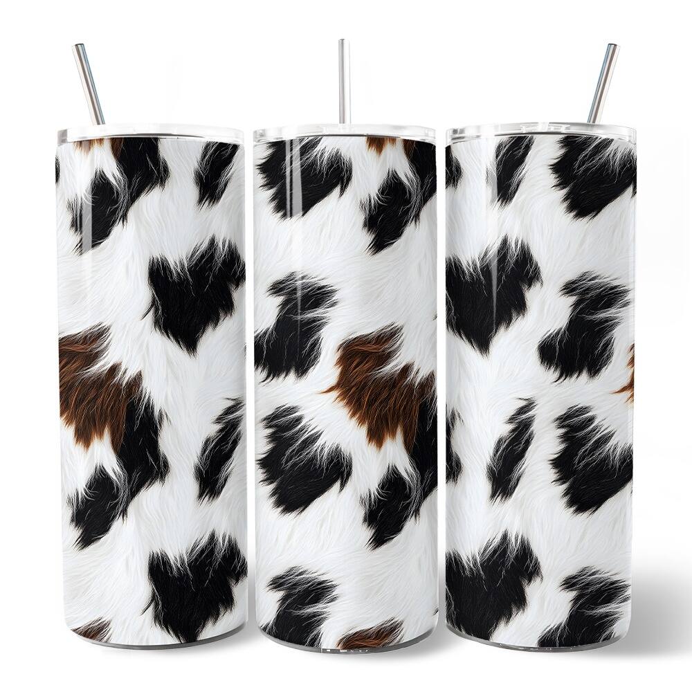 Front. OrnamentallyYou - Cowhide Fur Pattern 20oz Tumbler With Lid and Stainless Steel Straw, Rustic Farmhouse Gift Cup - Multicolored.