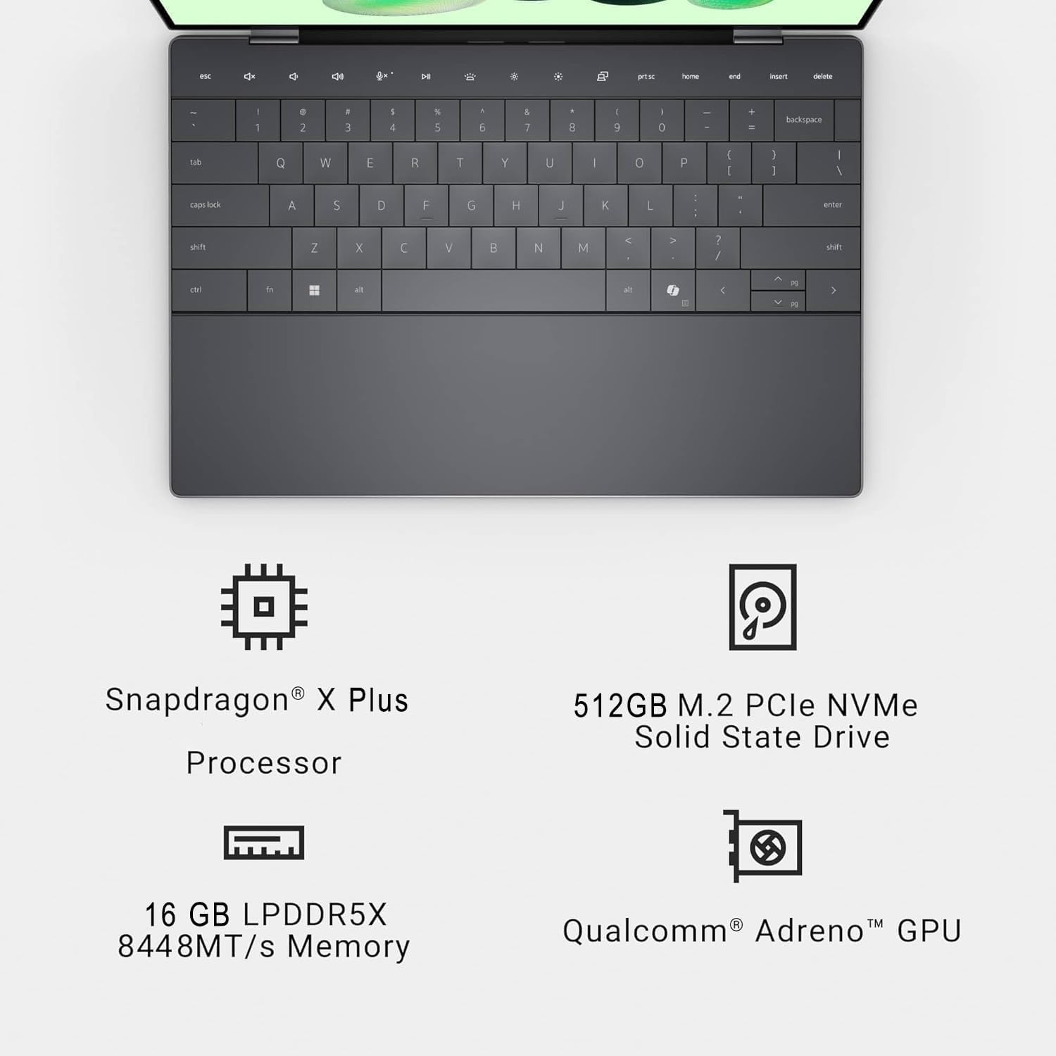 Sure, here is the corrected and grouped text:

- Snapdragon® X Plus Processor
- 16 GB LPDDR5X 8448MT/s Memory
- 512GB M.2 PCIe NVMe Solid State Drive
- Qualcomm® Adreno™ GPU