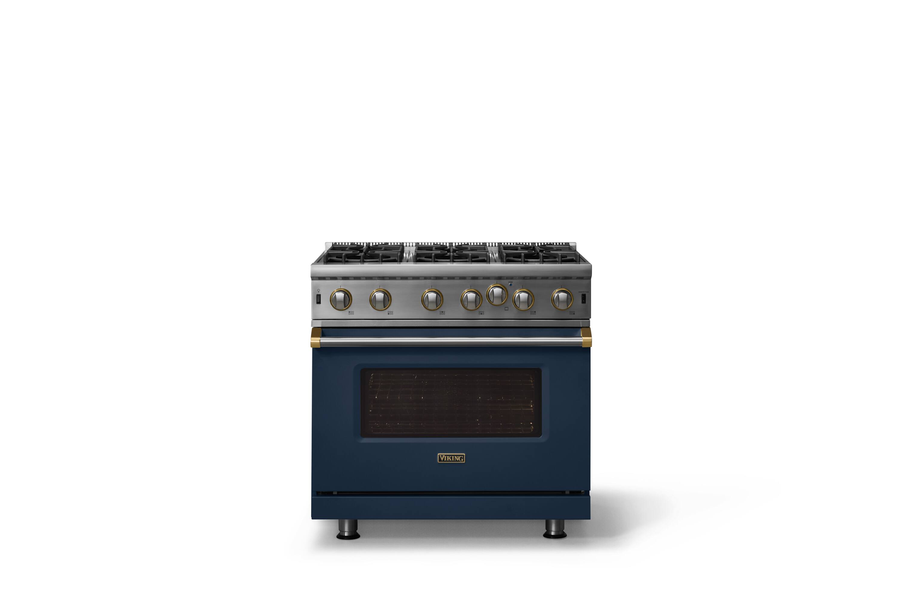 Alt View 1. Viking - 30"W. 5.1 Cu. Ft. Freestanding Self-Clean Open Burner Gas Convection Range - Slate Blue w. Brushed Brass Trim - Slate Blue.