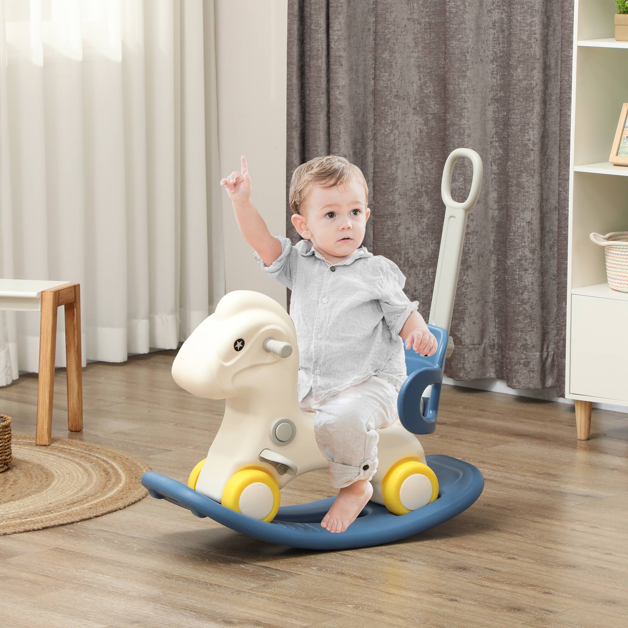 Alt View 1. Glintex - 4-in-1 Rocking Horse and Ride-On Toy for Kids with Push Handle, Balance Board, and HDPE Frame - Blue.