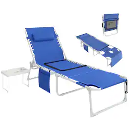 Outsunny - Chair with Face Hole and Side Table, 5-Position Folding Outdoor Chaise Lounge Chair - Navy Blue