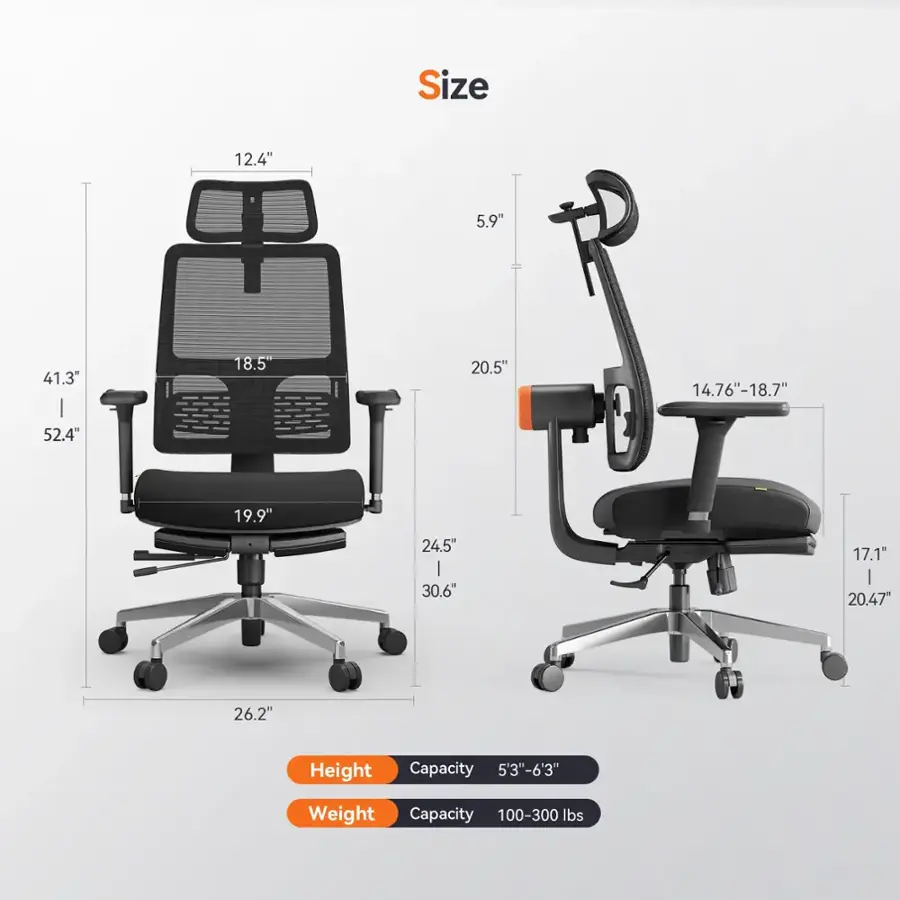 The text on the image can be grouped and corrected as follows:

1. Size: 12.4" 5.9" 41.3" | 52.4" 18.5" 20.5" 14.76"-18.7" 19.9" E 24.5" I 30.6" 17.1" I 20.47" 26.2"
2. Height Capacity: 5'3"-6'3"
3. Weight Capacity: 100-300 lbs