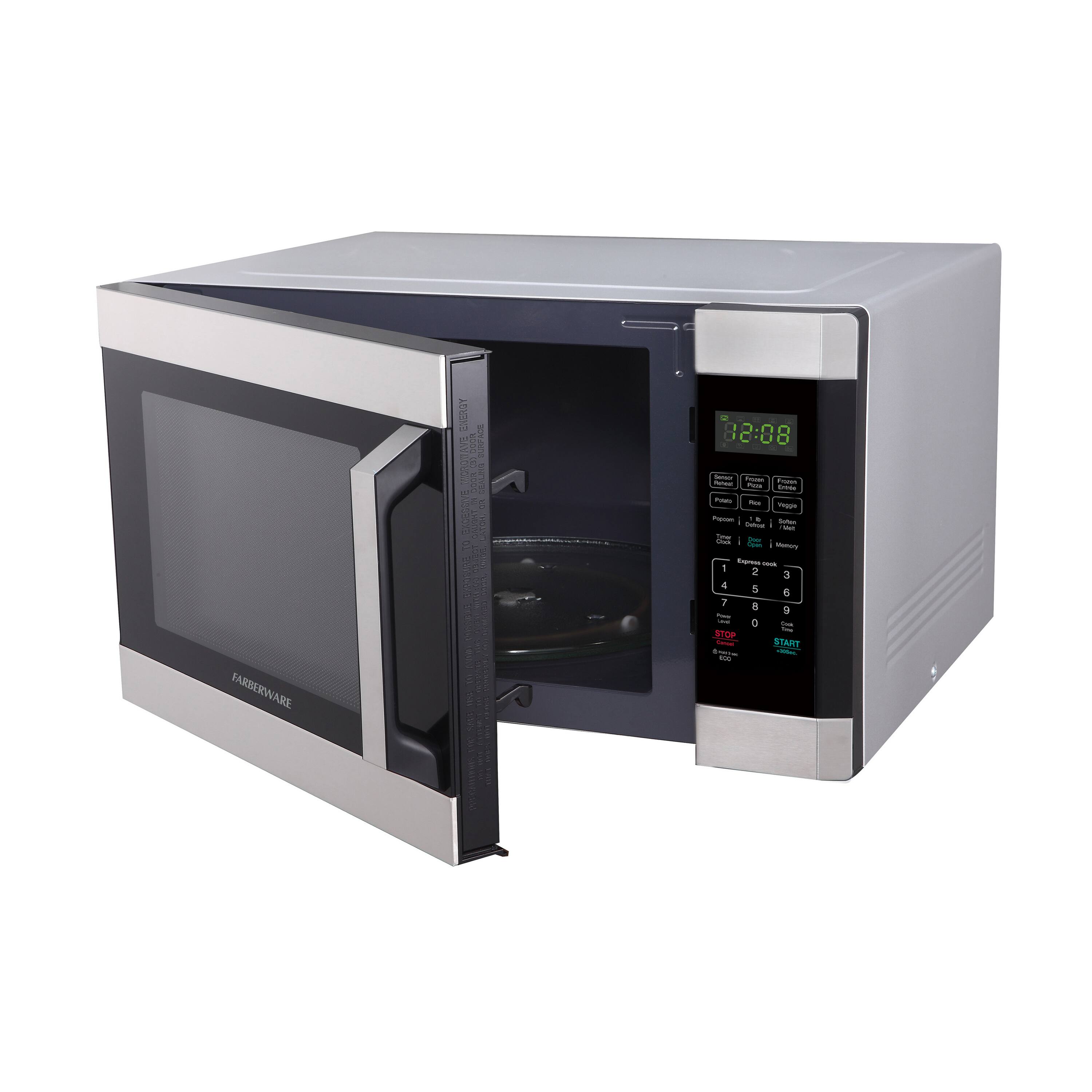 FARBERWARE ENERGY

00:00

8 2:08

1 2 3 4 5 6 7 8 9 0

STOP START

Express cook
1 2 3

Potato
Popcorn
Veggie
Beverage
Defrost
Reheat

Power
1 2 3

Clock
1 2 3

Timer
1 2 3

Light

Door Open