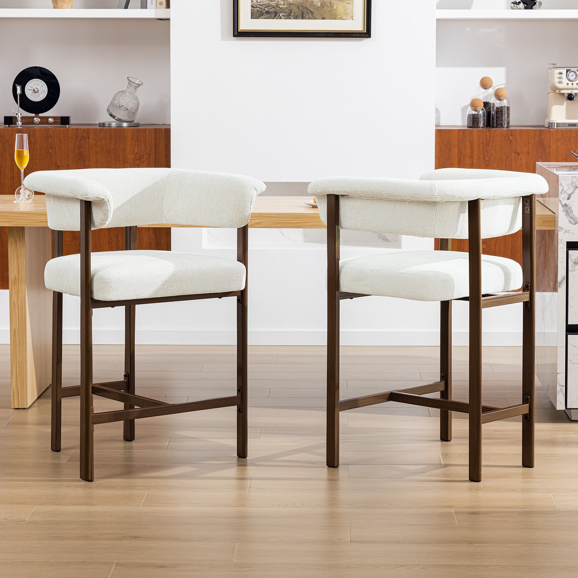 Brick Attic - 2PCS 26" Padded Bar Stool, Metal Legs with Walnut Wood Grain Finish, 300lb Counter with U-shaped Backrest and Footrest - White