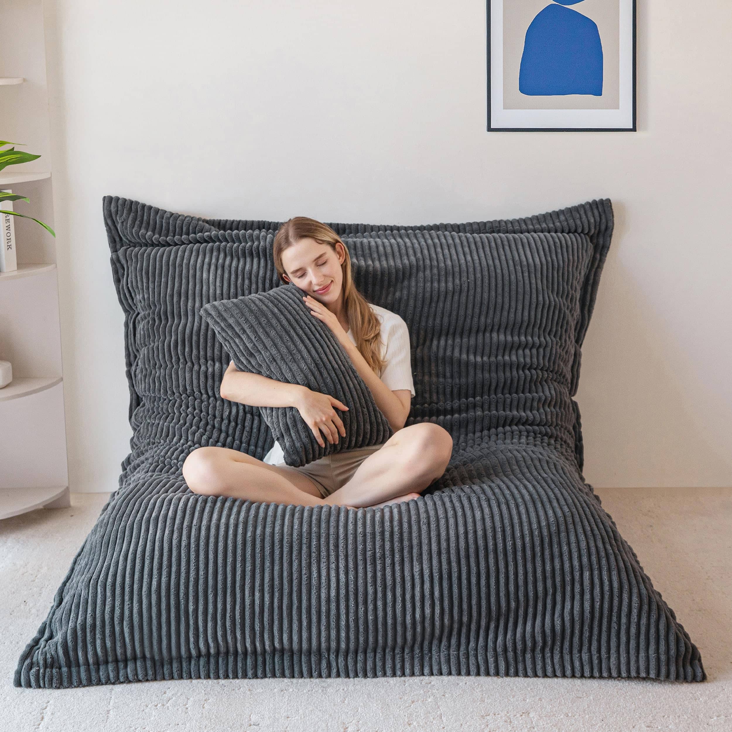 PO3TICJUNKI3 - Giant Bean Bag Chair With Pillow 3 In 1 Convertible For Adults Washable Cover Removable Floor Cushion Stuff - Corded Dark Grey