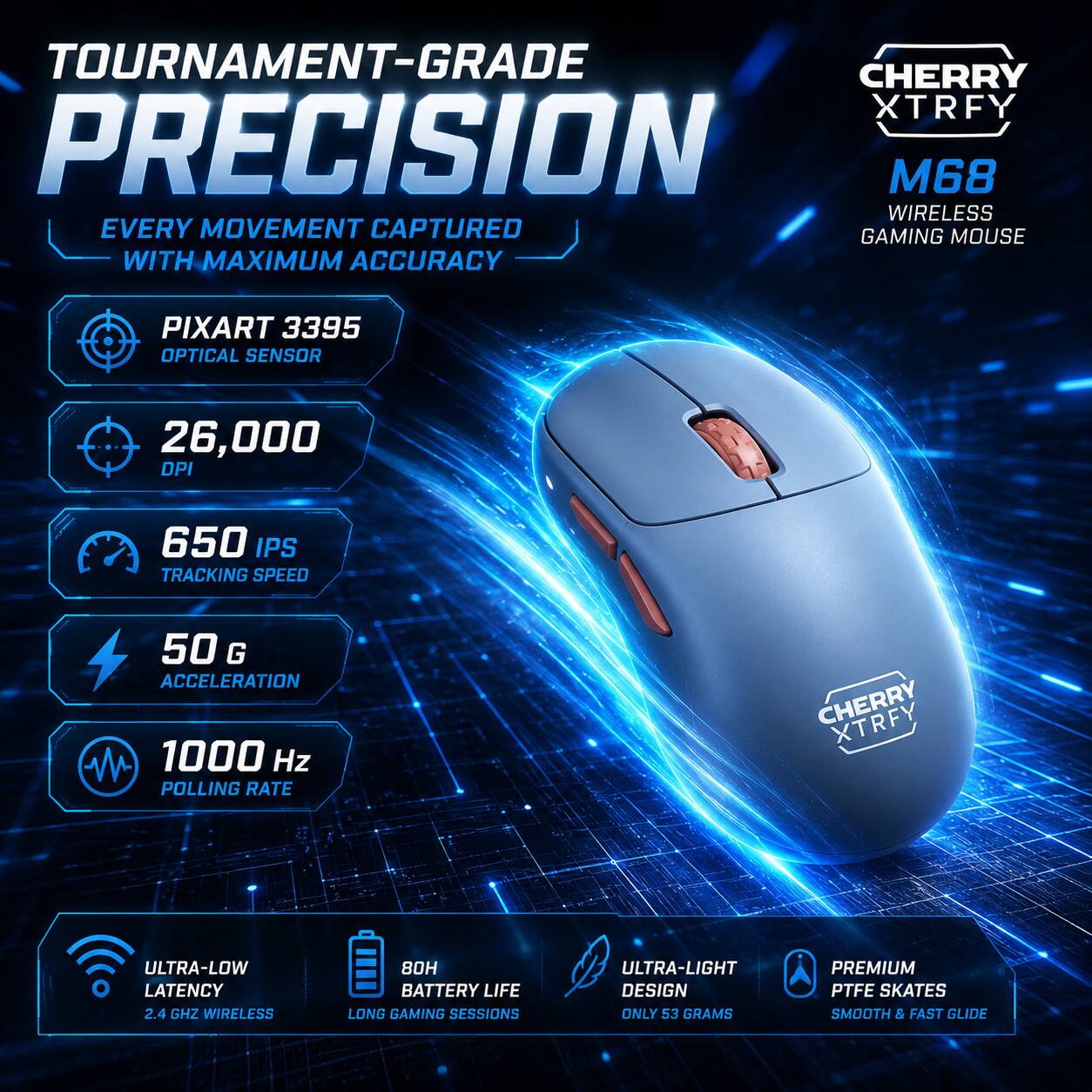Tournament-grade precision gaming mouse with maximum accuracy. Features include:

- Pixart 3395 optical sensor
- 26,000 DPI
- 650 IPS tracking speed
- 50 G acceleration
- 1000 Hz polling rate
- Ultra-low latency 2.4 GHz wireless
- 80H battery life for long gaming sessions
- Ultra-light design at only 53 grams
- Premium PTFE skates for smooth and fast glide