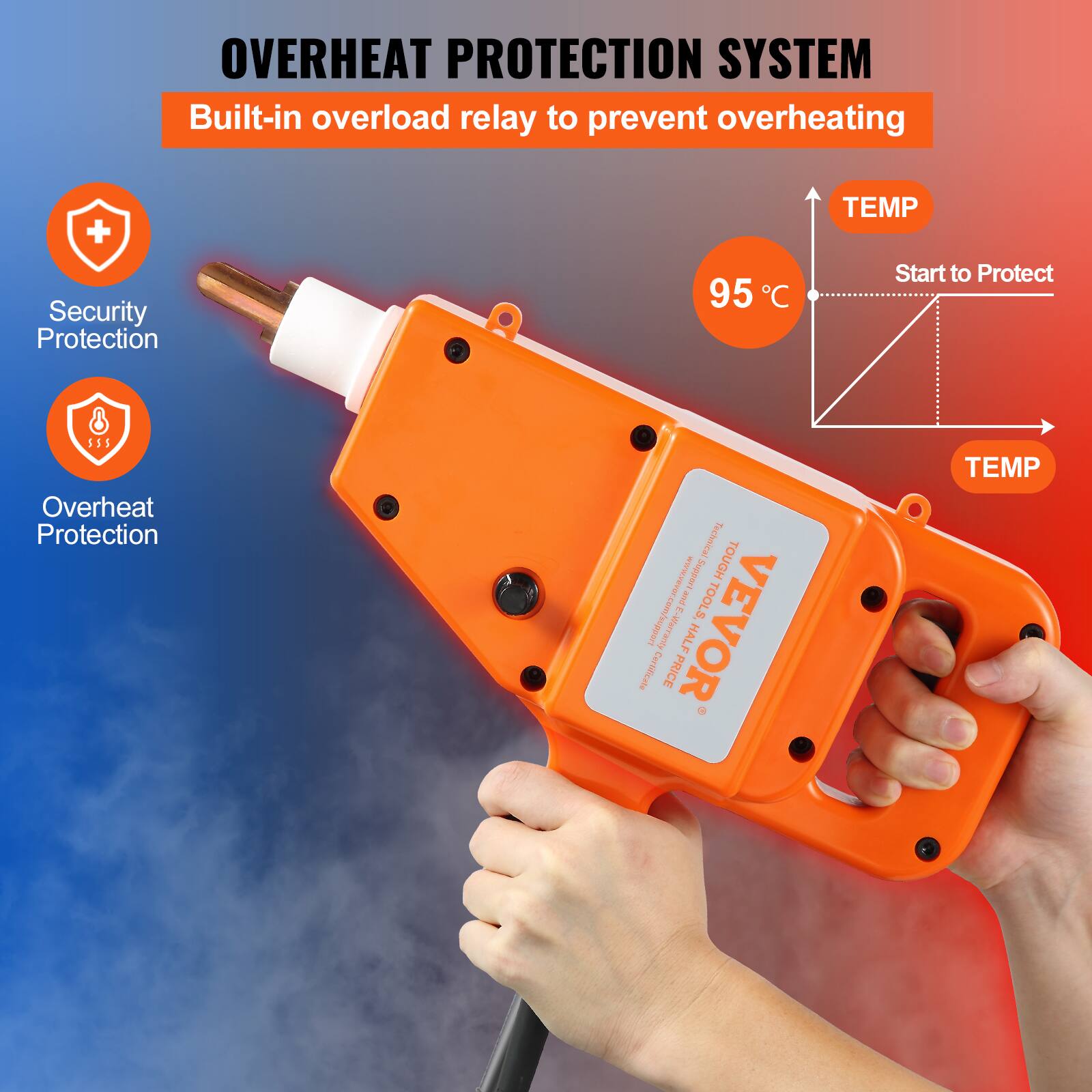 OVERHEAT PROTECTION SYSTEM  
Built-in overload relay to prevent overheating  

Security Protection  
Overheat Protection  

95°C TEMP  
Start to Protect  

VEVOR  
www.vevor.com/support  

Certificate  
Warranty  
PRICE  

VEVOR  
TOUGH  
TOOLS  
HALF PRICE