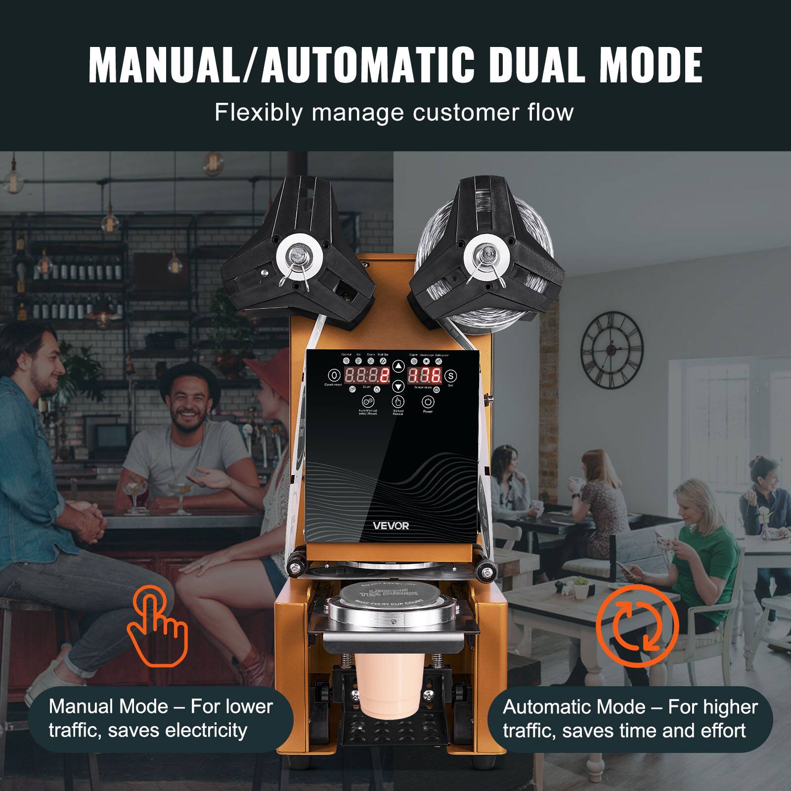 MANUAL/AUTOMATIC DUAL MODE  
Flexibly manage customer flow  

Manual Mode – For lower traffic, saves electricity  
Automatic Mode – For higher traffic, saves time and effort