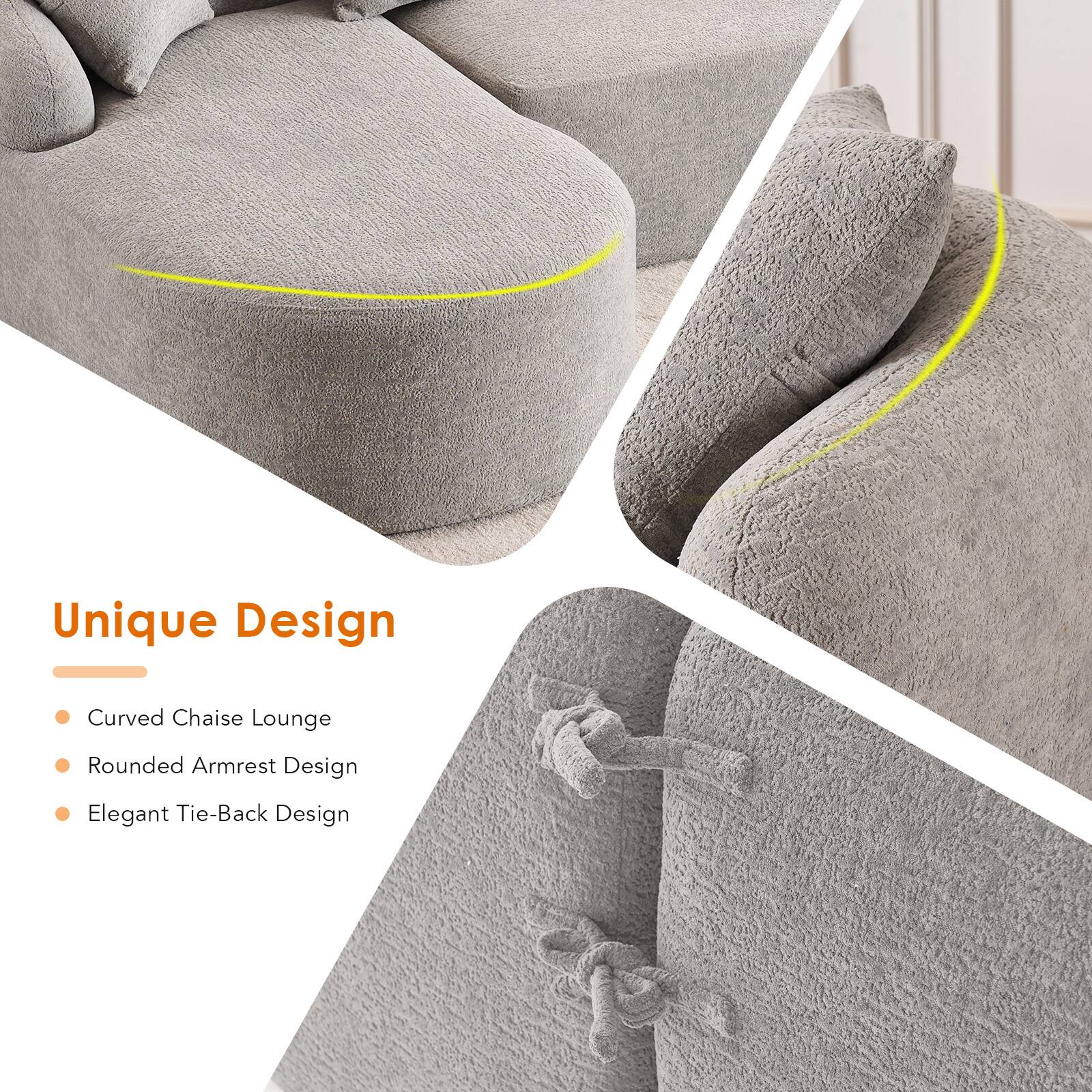 Unique Design  
- Curved Chaise Lounge  
- Rounded Armrest Design  
- Elegant Tie-Back Design