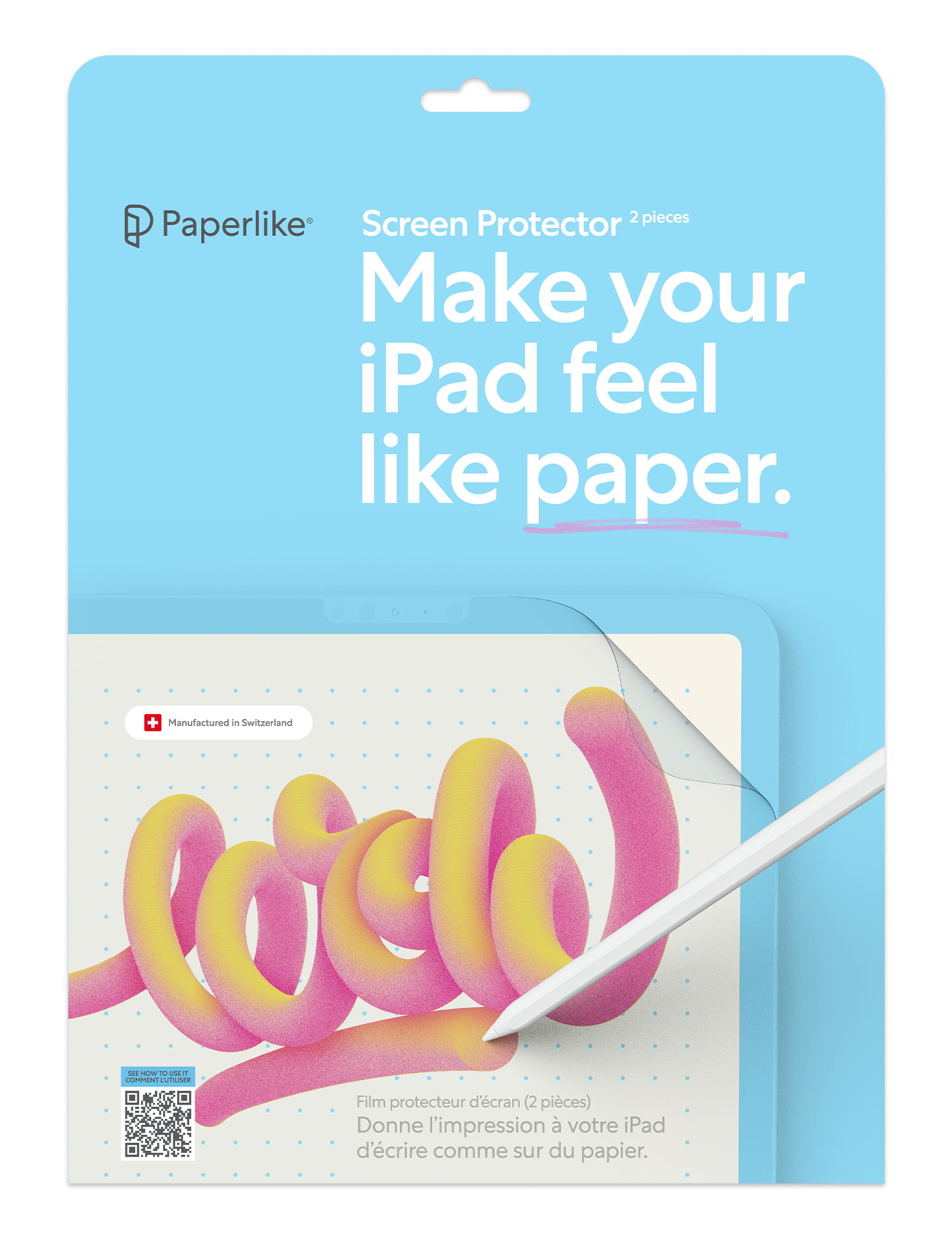 Sure, here is the corrected and grouped text from the image:
---
**Paperlike®**
**Screen Protector 2 pieces**
**Make your iPad feel like paper.**
---
**Manufactured in Switzerland**
---
**Film protecteur d'écran (2 pièces) Donne l'impression à votre iPad d'écrire comme sur du papier.**
---
**Film protecteur d'écran (2 pièces) Donne l'impression à votre iPad d'écrire comme sur du papier.**
---
**HOW TO USE IT**
---
**Film protecteur d'écran (2 pièces) Donne l'impression à votre iPad d'écrire comme sur du papier.**
---