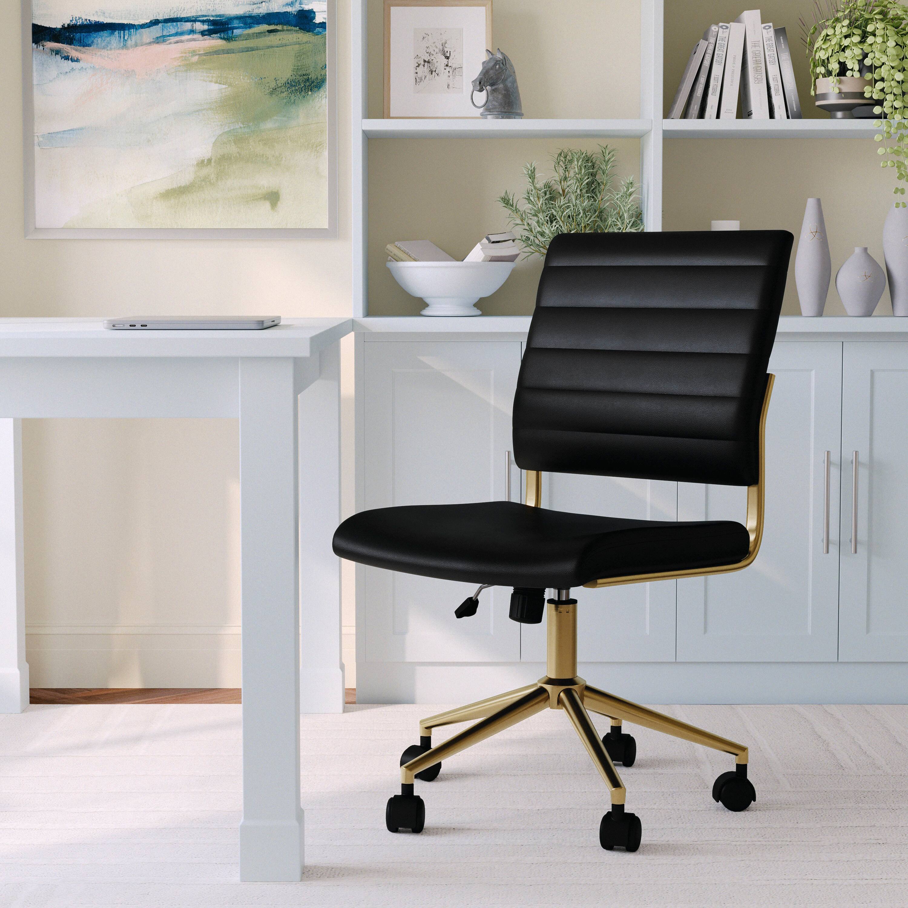 Alt View 11. Martha Stewart - Ivy Ribbed Faux Leather Office Chair - Black Faux Leather/Polished Brass.