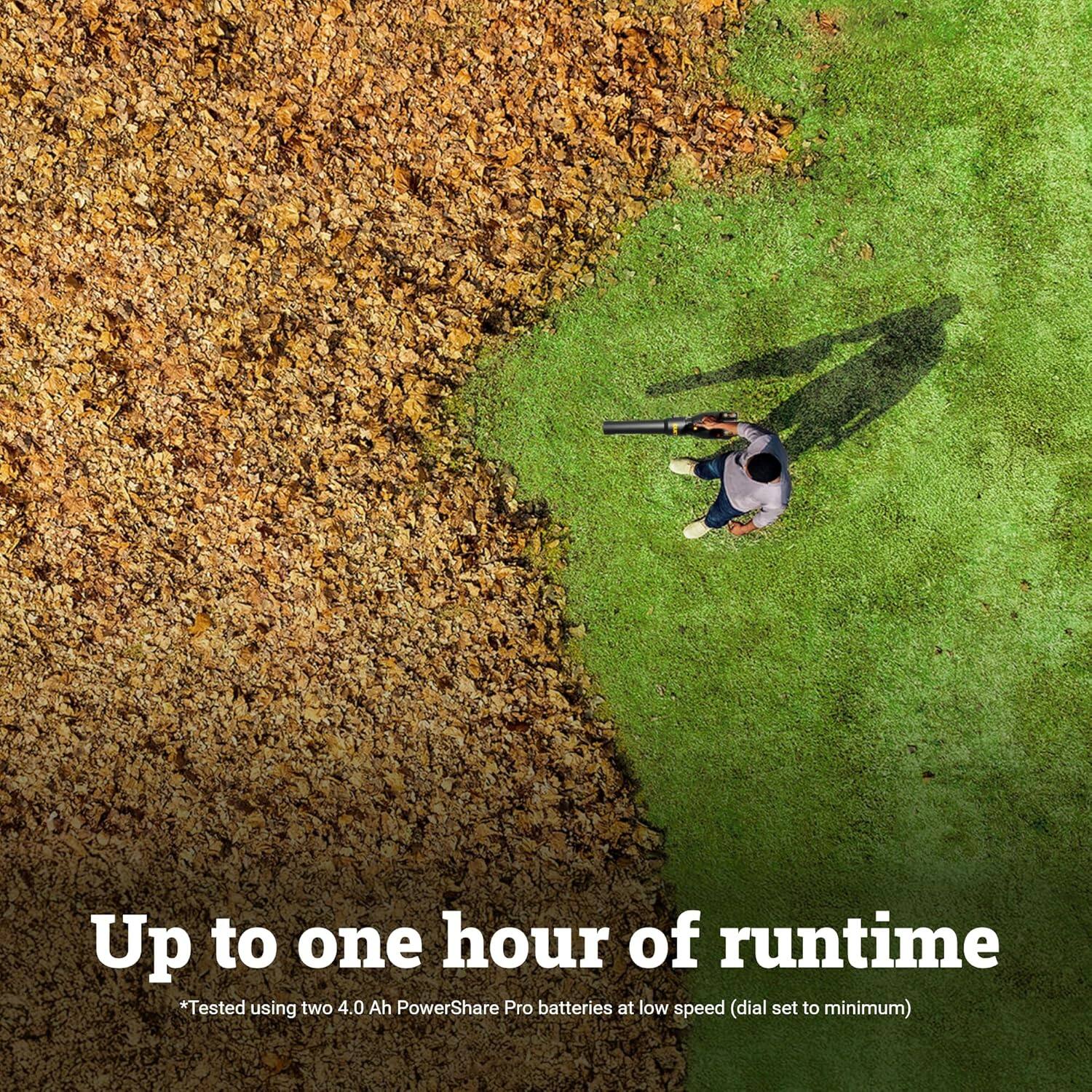 Up to one hour of runtime  
*Tested using two 4.0 Ah PowerShare Pro batteries at low speed (dial set to minimum)