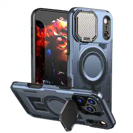Dteck - Heavy Duty Rugged Case for Apple iPhone 17 Pro Max Shock-absorbent Lens Stand 2-Layer Protective PC TPU Back Cover Shell - Navyblue