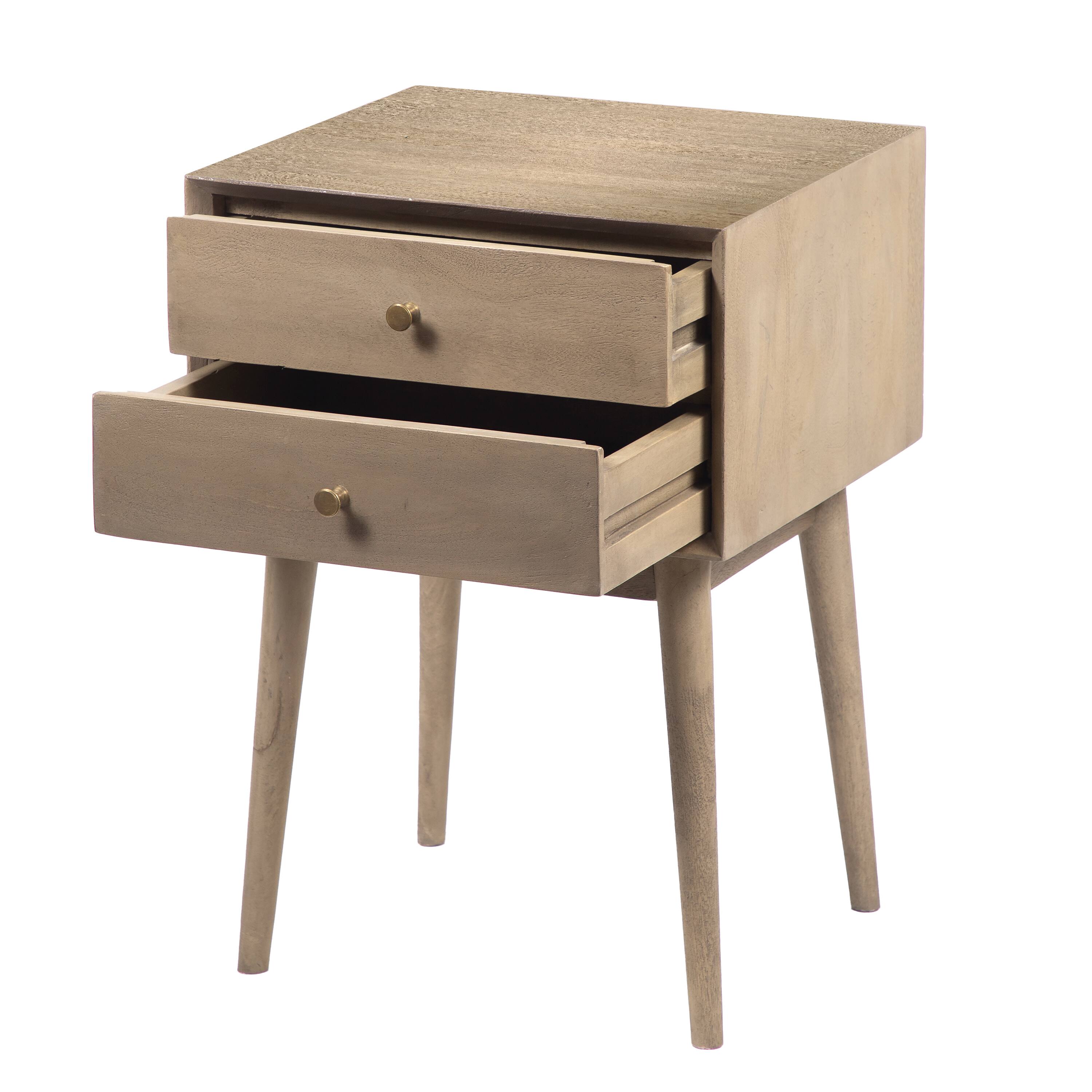 Alt View 2. Manhattan Lane - Nali Bedside Nightstand Table, 2 Drawers, Sandblasted Washed Ash White Mango Wood, Brass Knobs - Washed Ash White.