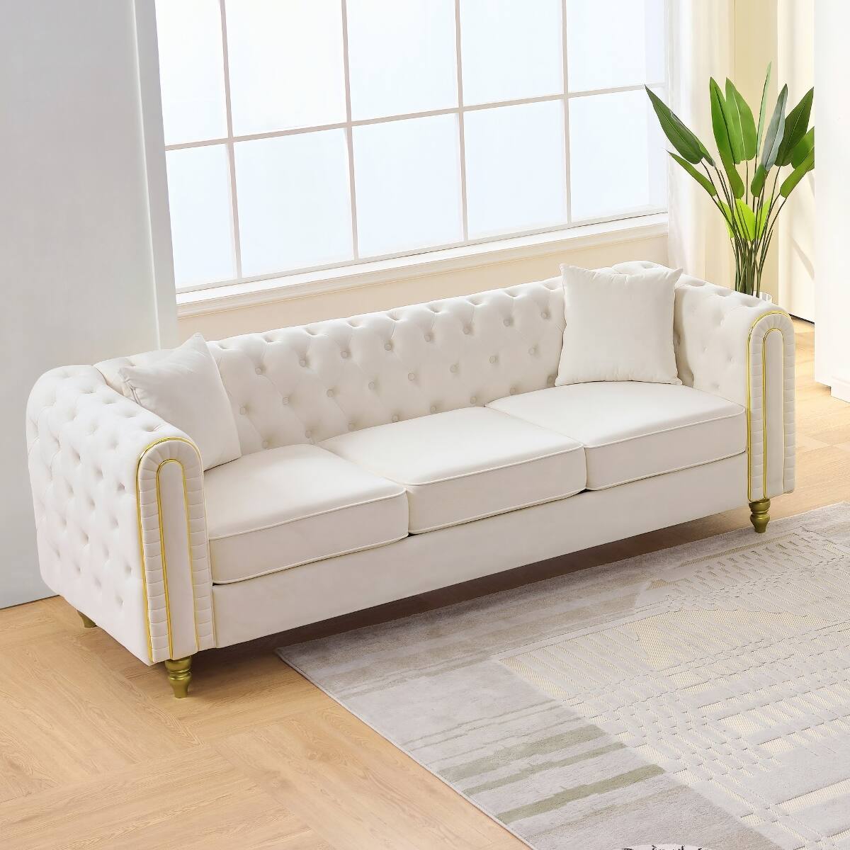 Alt View 1. Ropilly - Ropilly Beige Velvet Sofa Set Chesterfield Loveseat Style with Button Tufting Gold Legs for 6 Seat Living Room - Beige.