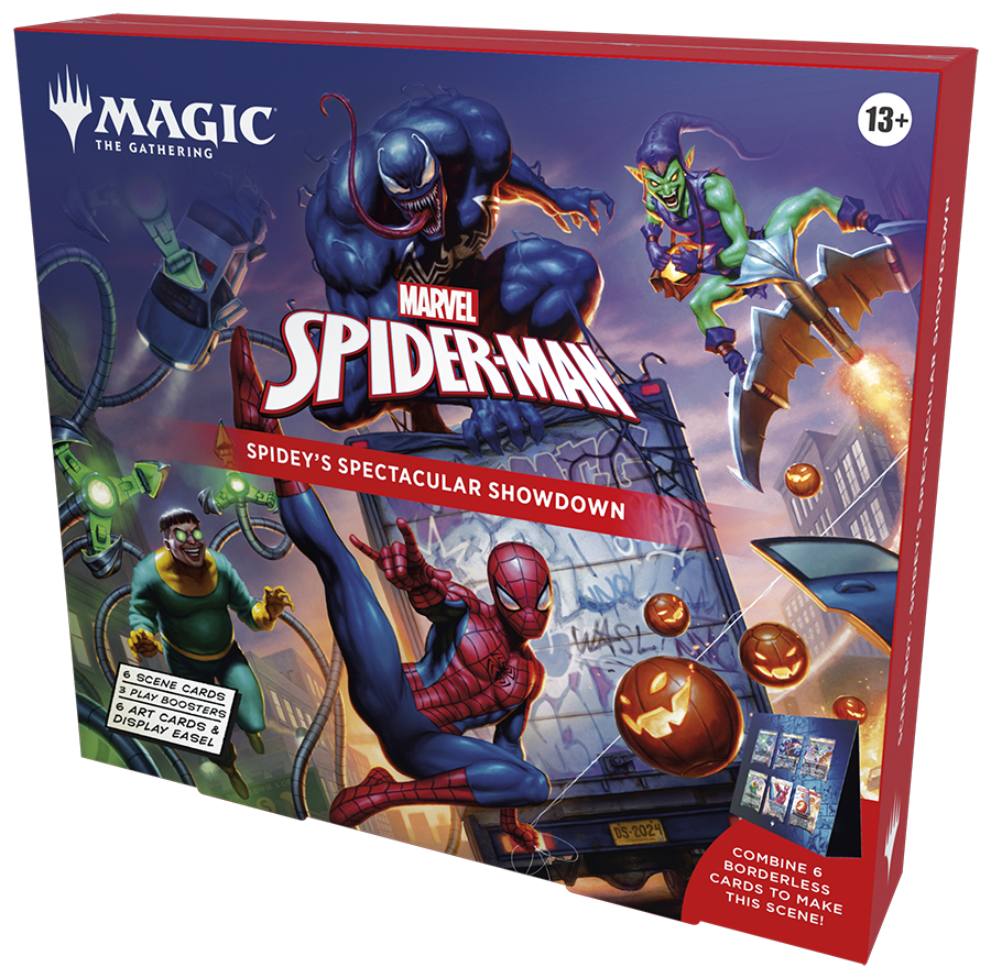 MAGIC THE GATHERING  
13+  
MARVEL SPIDER-MAN SPIDEY'S SPECTACULAR SHOWDOWN WASL 6 SCENE 2 CARDS PLAY 6 ART BOOSTERS DISPLAY CARDS & EASEL  
1 DOW MODMOHS ACULAR SPECT STAND.S  
DS-2024  
COMBINE 6 BORDERLESS CARDS TO MAKE THIS SCENE!