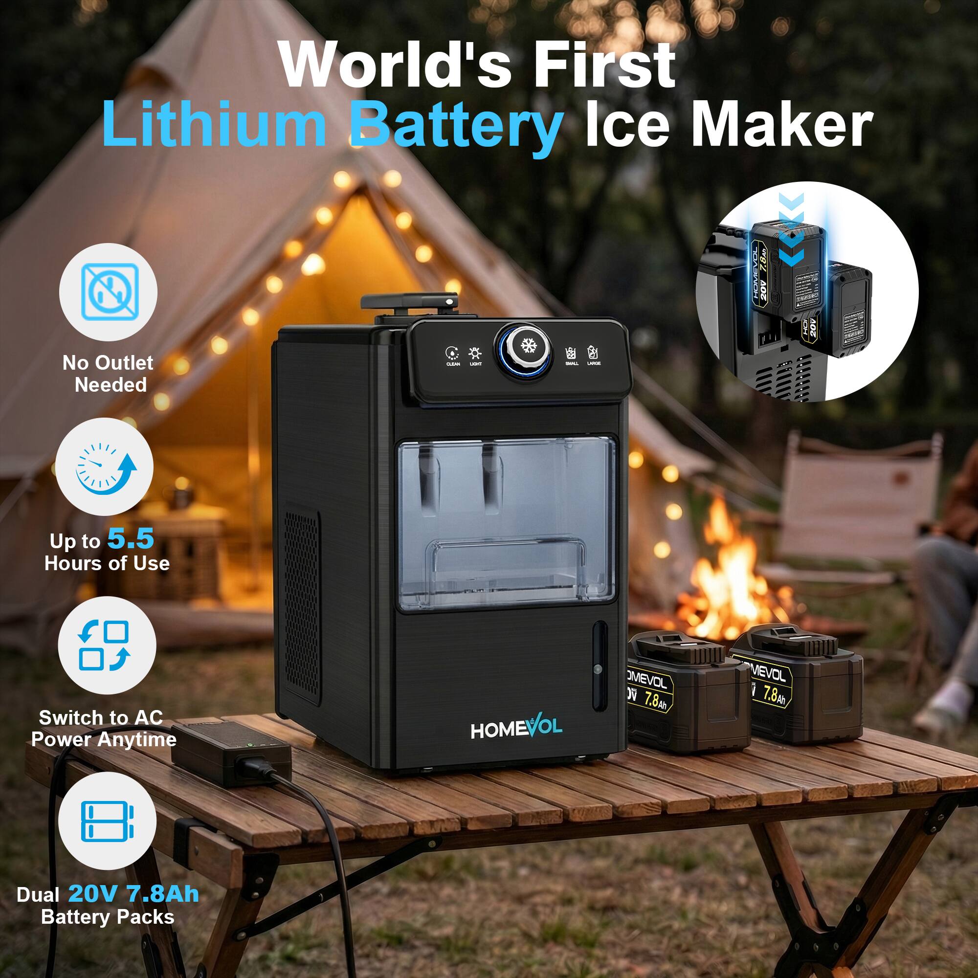World's First Lithium Battery Ice Maker

- No Outlet Needed
- Up to 5.5 Hours of Use
- Switch to AC Power Anytime
- Dual 20V 7.8Ah Battery Packs

CARVL 20V I 201

HOMEVOL