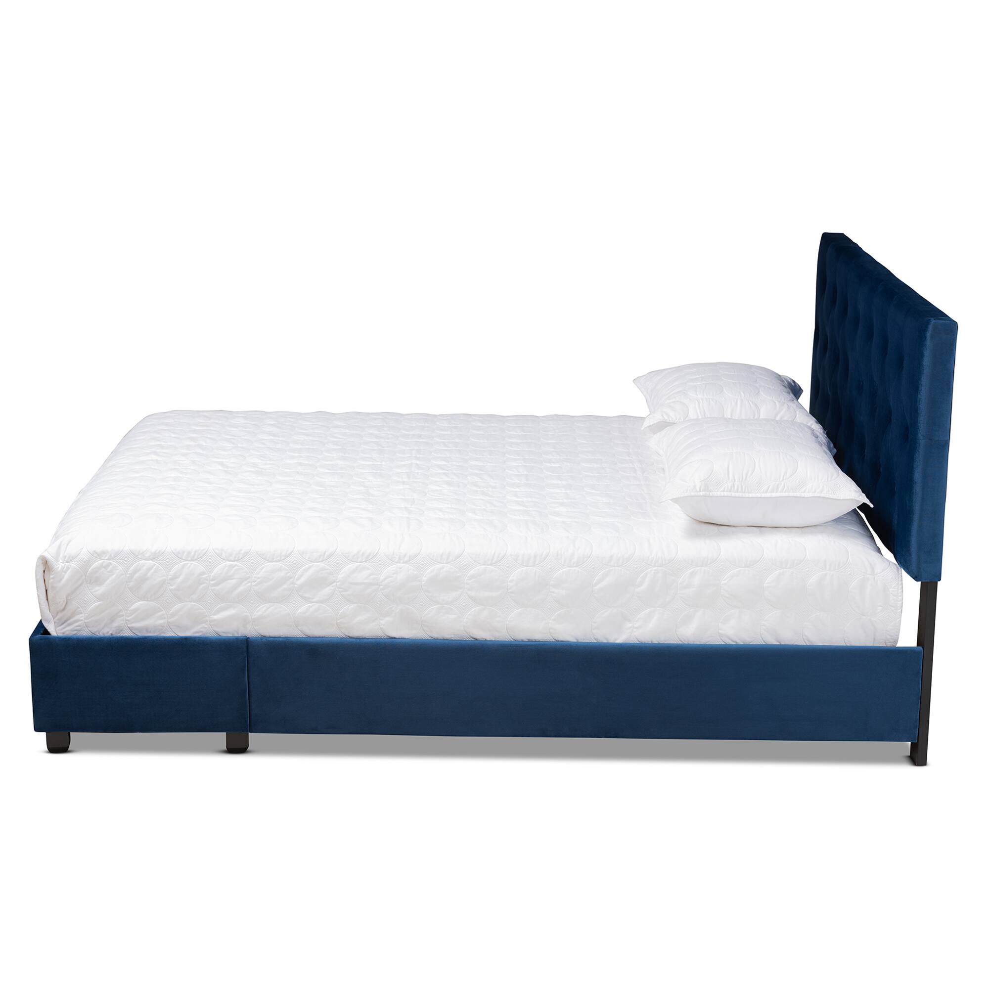 Left. Baxton Studio - Caronia Modern and Contemporary Velvet Fabric Upholstered 2-Drawer Queen Size Platform Storage Bed - Navy Blue/Black.