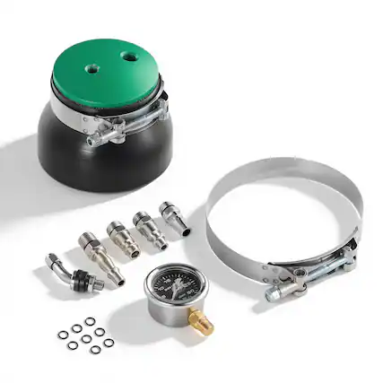 Front. VEVOR - Turbo Boost Leak Tester 4", 3" 6061 Aluminum End Cap, 0-30 PSI Adapter Gauge Range, Check Test Intake Charge Pipe - Black,Green.