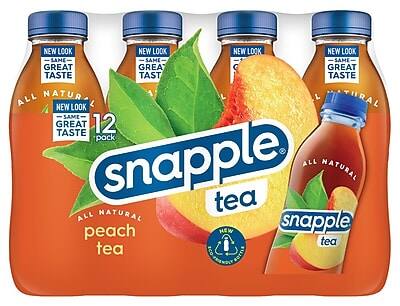 NEW LOOK  
SAME GREAT TASTE  

ALL NATURAL  

12 pack  

snapple tea  

peach tea  

ECO FRIENDLY BOTTLE