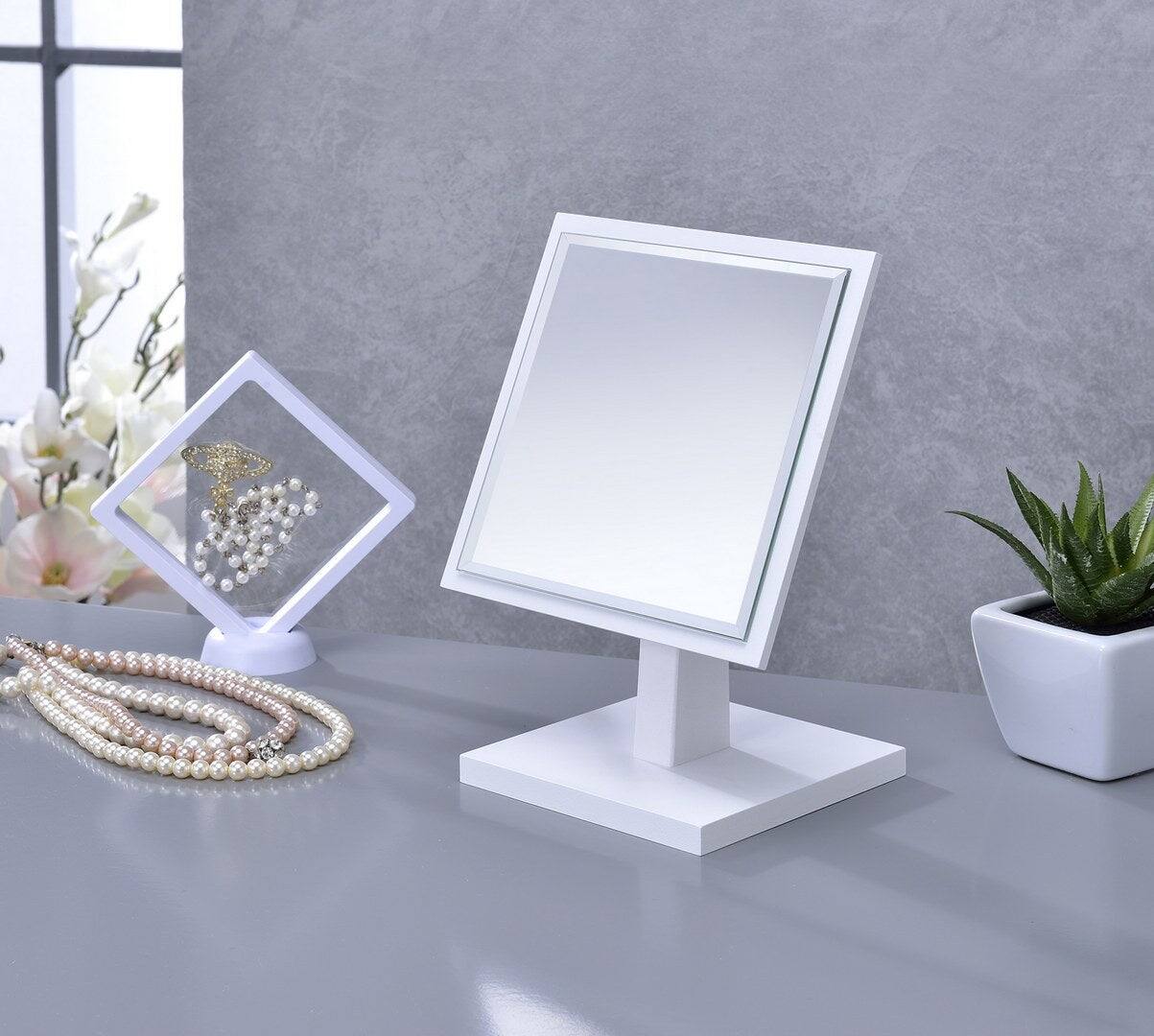 Angle. BreeBe - 9.5' Tall Polyresin and Wood Make-Up Mirror on a Pedestal, White finish - White.