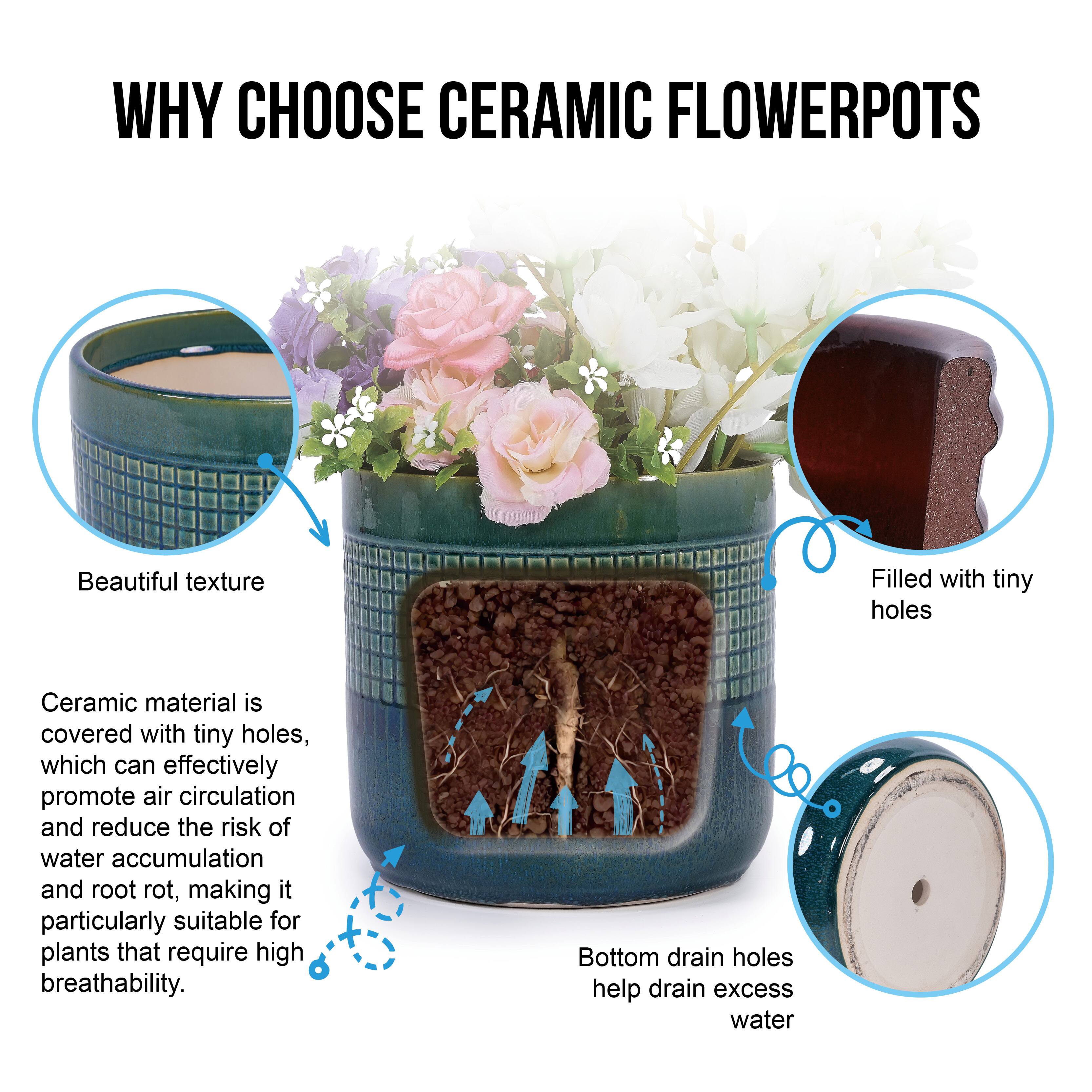 WHY CHOOSE CERAMIC FLOWER POTS

Beautiful texture

Ceramic material is covered with tiny holes, which can effectively promote air circulation and reduce the risk of water accumulation and root rot, making it particularly suitable for plants that require high breathability.

Bottom drain holes help drain excess water