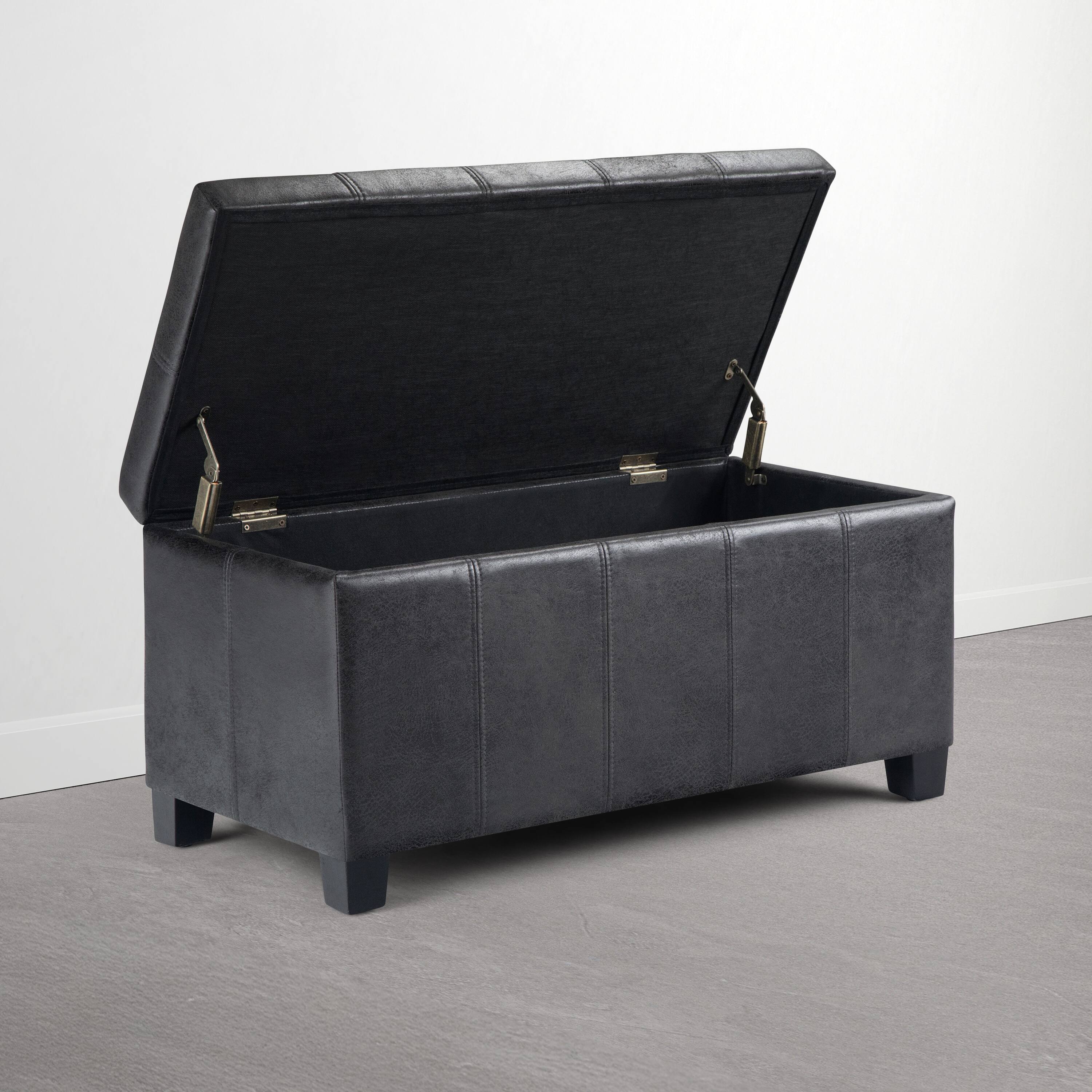 Left. Simpli Home - Dover 36 inch Wide Solid Wood Storage Ottoman Bench, Distressed Graphite Black - Distressed Graphite Black.
