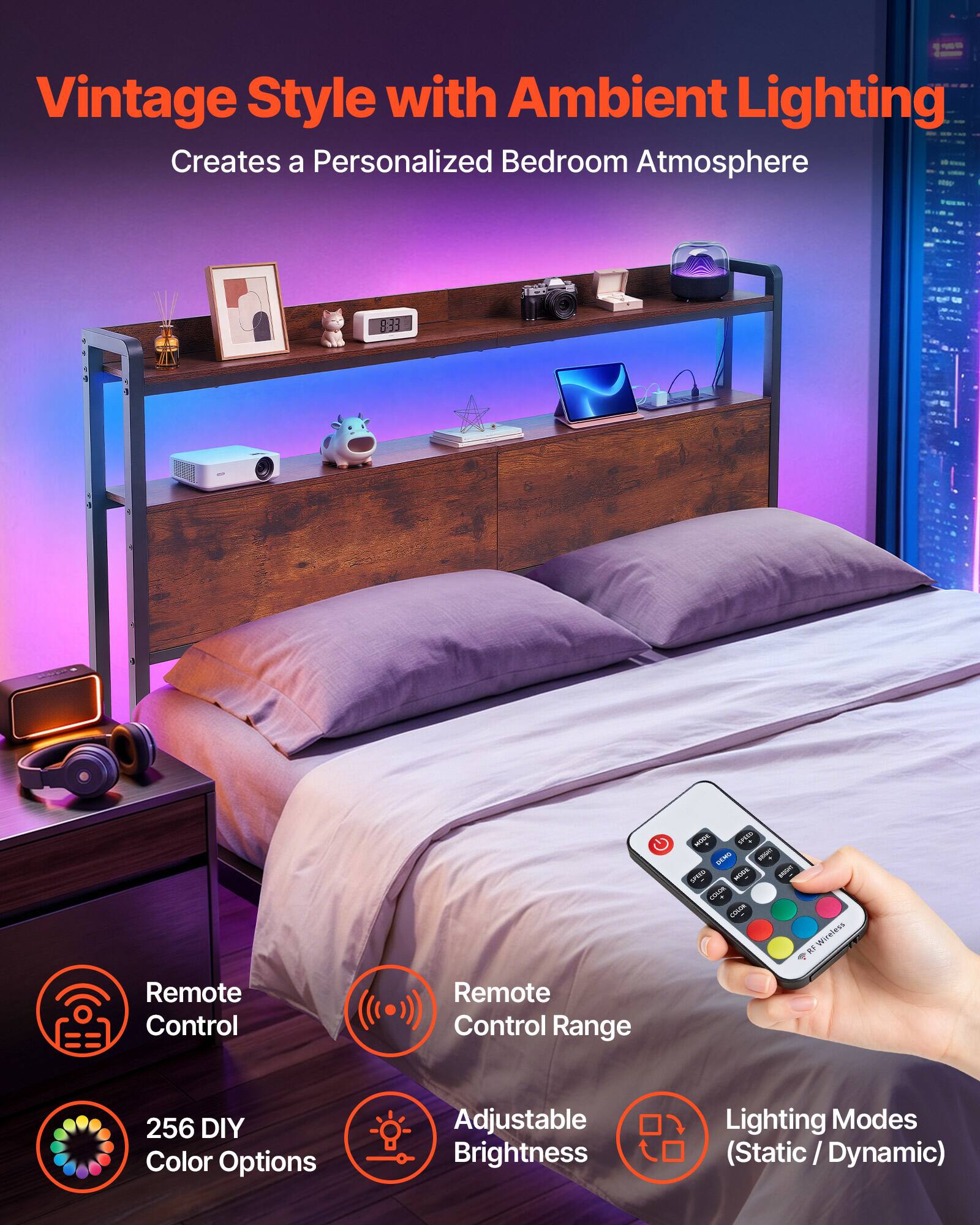 Vintage Style with Ambient Lighting Creates a Personalized Bedroom Atmosphere

- 833 NORE I Dtm I SPETE HR ensum In
- s Wreless WF 4 Remote Control
- Remote Control Range 256
- DIY Color Options
- Adjustable Brightness
- Lighting Modes (Static / Dynamic)