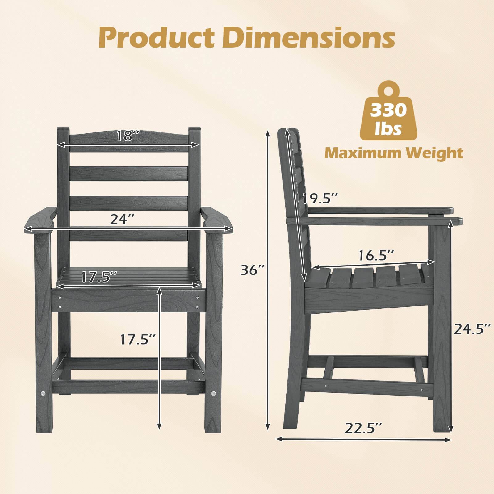 Product Dimensions

- Width: 18"
- Depth: 24"
- Height: 36"
- Seat Height: 17.5"
- Armrest Height: 17.5"
- Back Height: 19.5"
- Seat Width: 16.5"
- Seat Depth: 24.5"
- Leg Width: 22.5"

Maximum Weight: 330 lbs