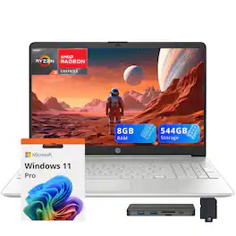 HP - 15.6" FHD Laptop,AMD Ryzen 3 3250U,8GB RAM,256GB SSD+288GB Docking Station,AMD Radeon Graphics,Win 11 Pro - Silver