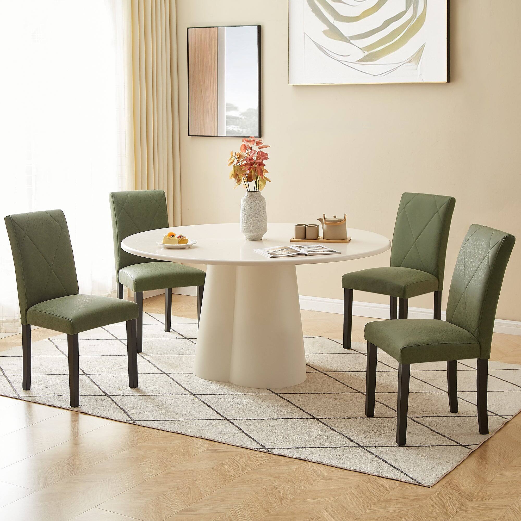 Alt View 5. Vecelo - Set Of 6 Linen Upholstered Dining Chairs with Solid Wood Legs, High Back Ergonomic Kitchen Chairs - Green.