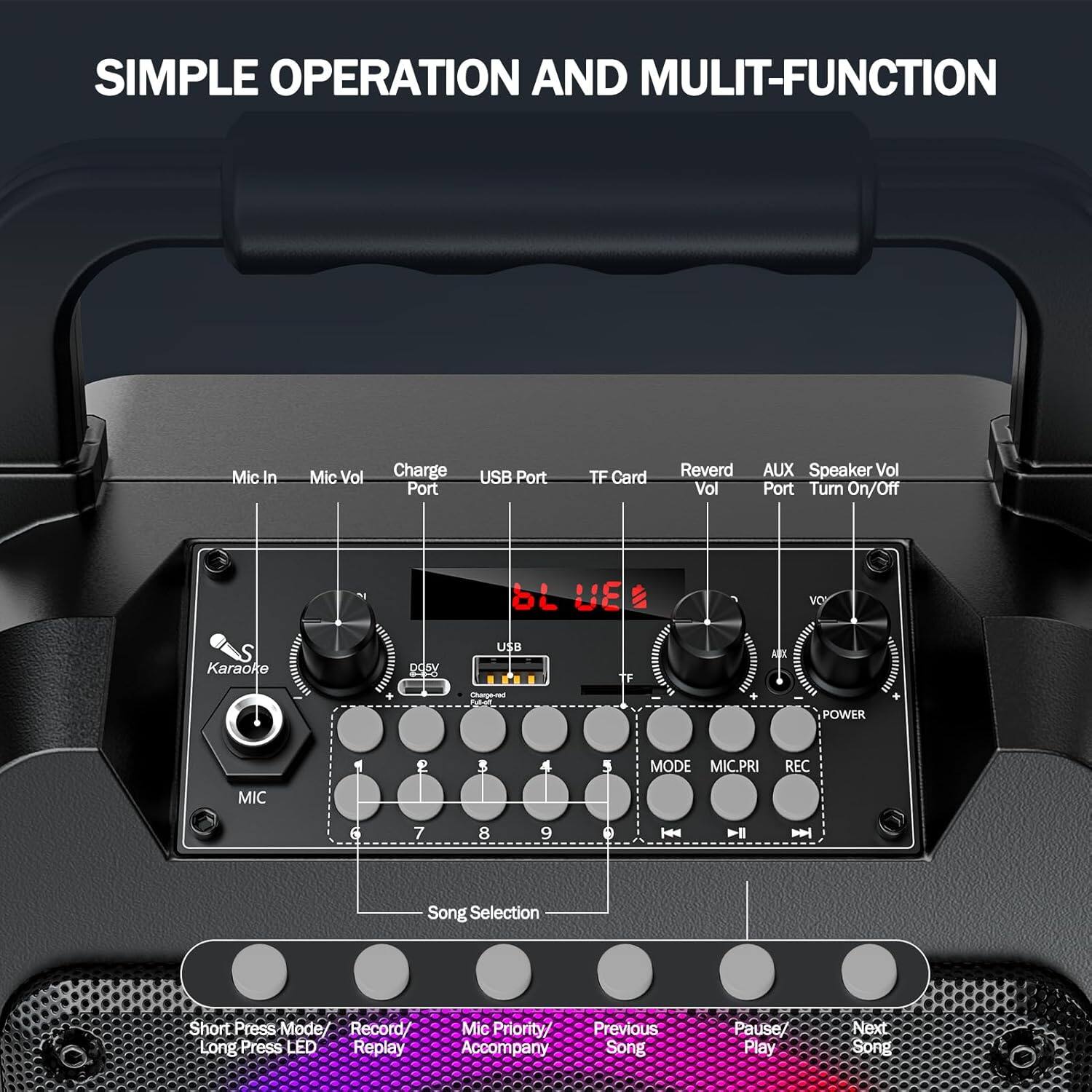 SIMPLE OPERATION AND MULTIFUNCTION

Mic In  
Mic Vol  
Charge Port  
USB Port  
TF Card  
Reverb Vol  
AUX Port  
Speaker Vol  
Turn On/Off  

Karaoke  
MIC  

USB  
POWER  

MODE  
MIC.PRI  
REC  

Song Selection  
1 2 3 4 5 6 7 8 9  

Short Press Mode/ Record/ Long Press LED  
Mic Priority/ Accompany  
Previous Song  
Pause/ Play  
Next Song  

LED Replay