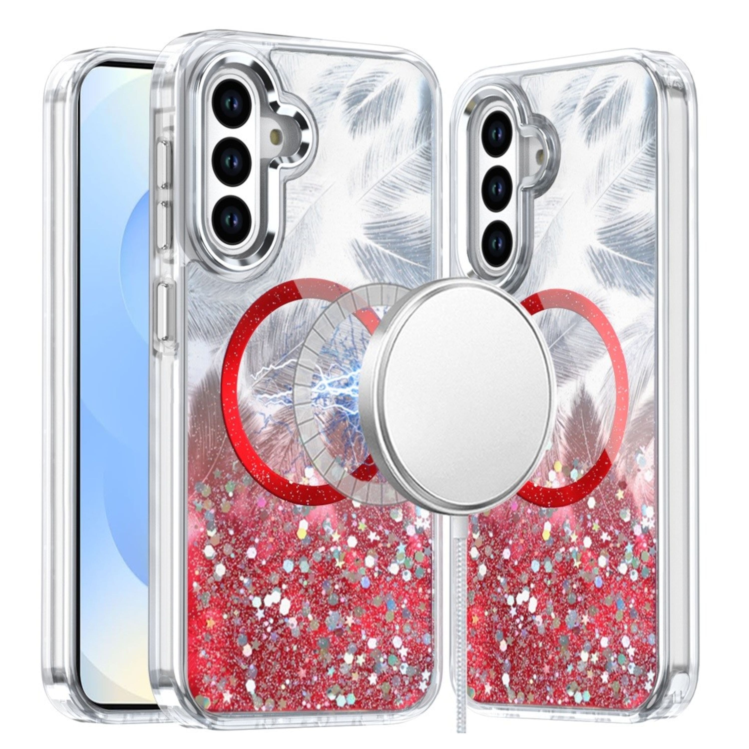Kitcheniva - Feathers Epoxy Glitter Design Magnetic Circle Phone Case With Tempered Glass For Samsung Galaxy S25/S24 - Red price history on PriceWatchPro