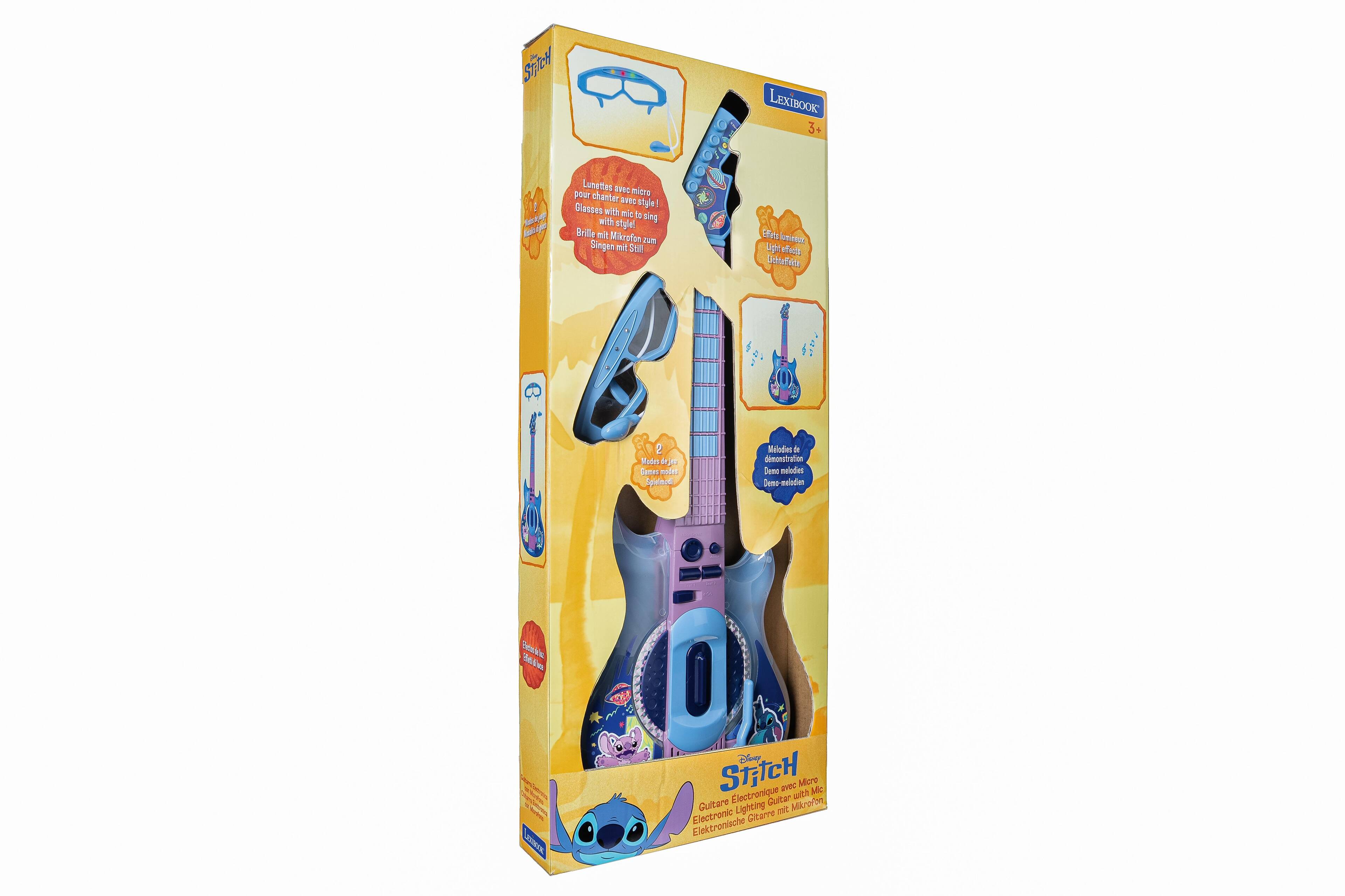 Strich LEXIBOOK 3+ de 4 ou Luseites ReS micro pour chanter 2214 tigle!  
Glasses with micro to sing  
Brille mit Mikrofon zum Singen  
Light effect  
Lichteffekt  
Model: 4  
Mandes de démonstration  
Demo-melodies  
Strkk 36F dm  
Disney STITCH avec micro  
Guitar Electronique  
Gitarre Électronique  
Electronic Guitar  
Elektronische Gitarre mit Mikrofon