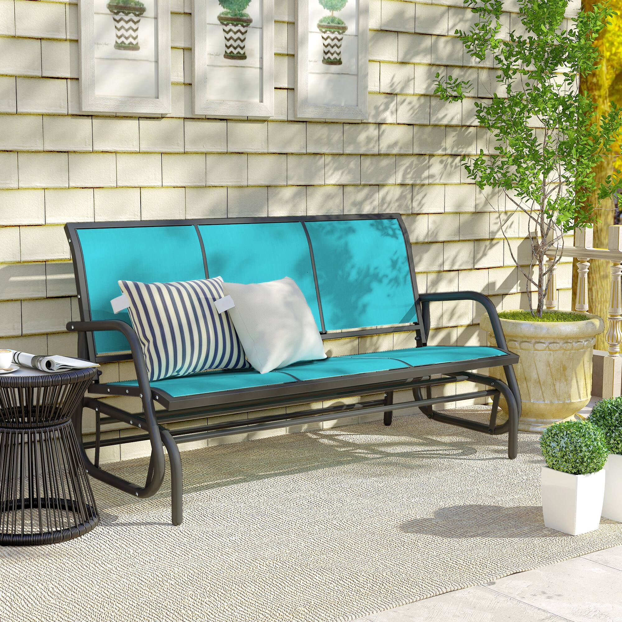 Alt View 8. Outsunny - Outdoor Patio Glider Bench, Porch Glider Swing with 3 Seats, Breathable Mesh Fabric - Blue.