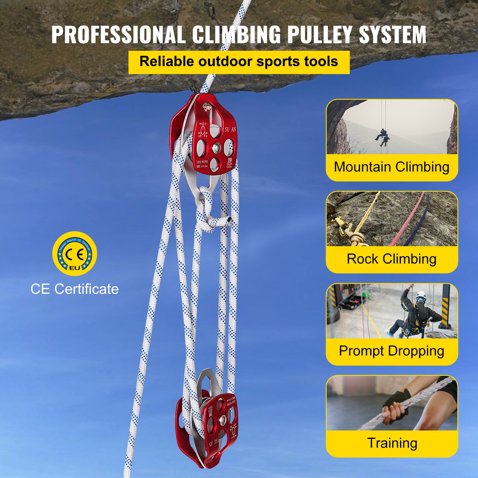 PROFESSIONAL CLIMBING PULLEY SYSTEM  
Reliable outdoor sports tools  

Mountain Climbing  
Rock Climbing  
Prompt Dropping  
Training  

CE Certificate