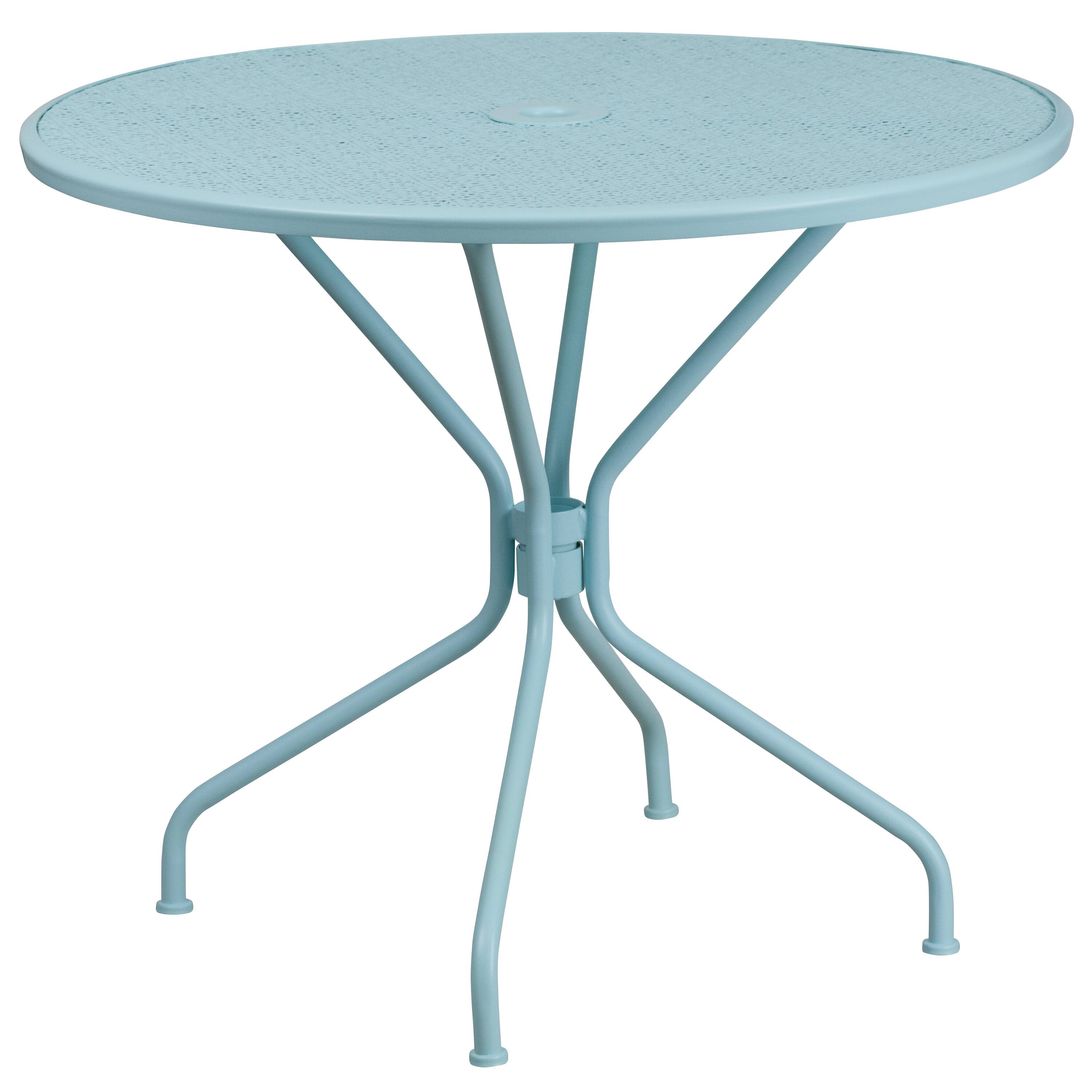 Alt View 3. Emma + Oliver - Commercial Grade 35.25" Round Metal Garden Patio Table Set, 2 Square Back Chairs - Sky Blue.