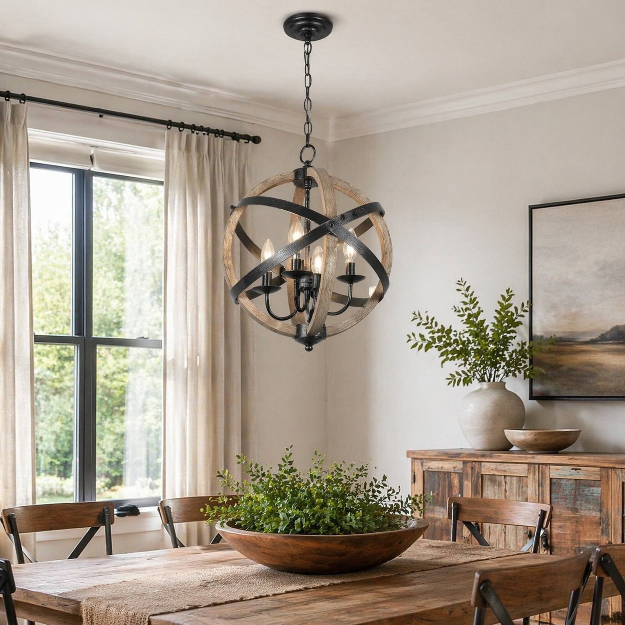 Angle. RYHNUYNE - 4-Light Farmhouse Wood Chandelier,Rustic Pendant Light with Black Metal Accents - Wood.