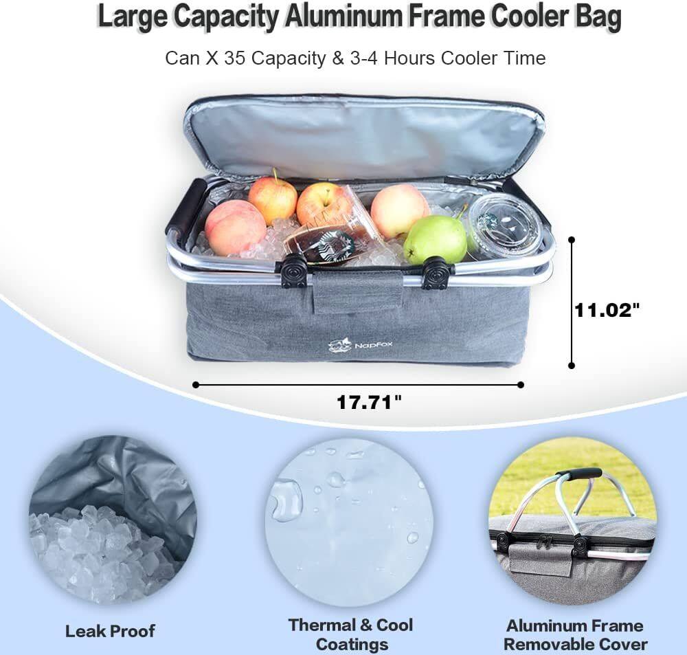 Large Capacity Aluminum Frame Cooler Bag  
Can X 35 Capacity & 3-4 Hours Cooler Time  
11.02" x 17.71"  
Leak Proof  
Thermal & Cool Coatings  
Aluminum Frame Removable Cover