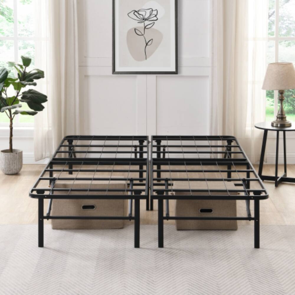 Angle. LUCKY ONE - King Size Metal Folding Platform Bed Frame, 14in High, Heavy Duty Steel Slats, No Box Spring Needed, Under-Bed Storage - Black.