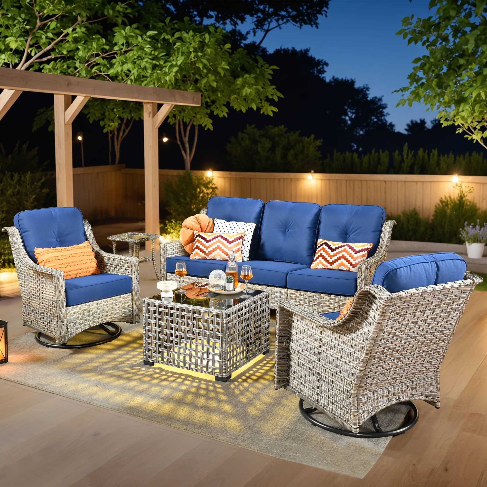 Ovios - 5 PCS Outdoor Patio Furniture Set with Side Table, Swivel Chairs & Solar Light Coffee Table - Navy Blue price history on PriceWatchPro
