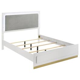 Manhattan Lane - Caer Queen Size Bed, LED Panel Tall Headboard, Gray Upholstery, White Okume - White, Gray, Gold