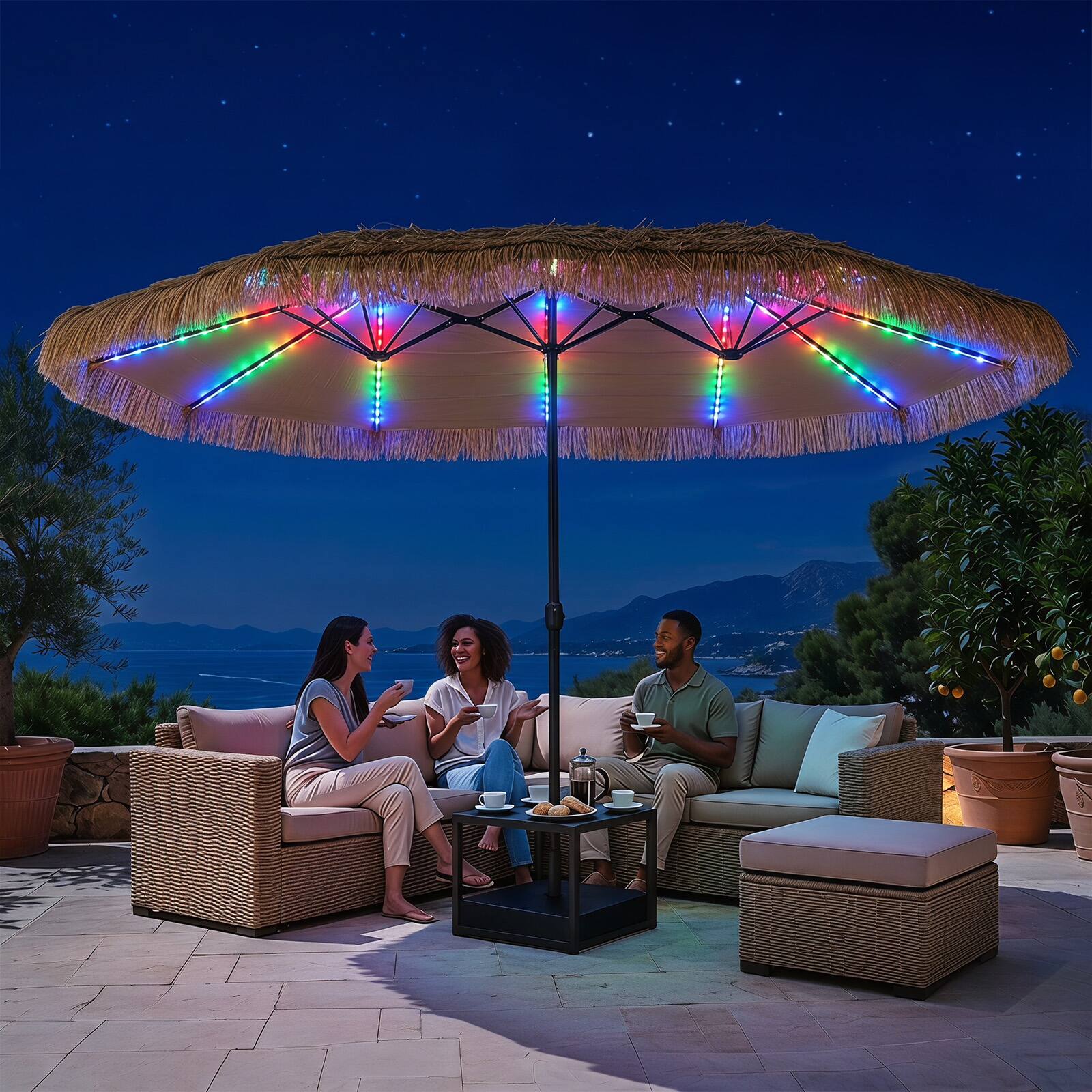 Alt View 4. Costway - Costway 15 x 9 FT Solar Double-sided Patio Umbrella with 144 Multi-colored Flowing Lights - Brown + Black.